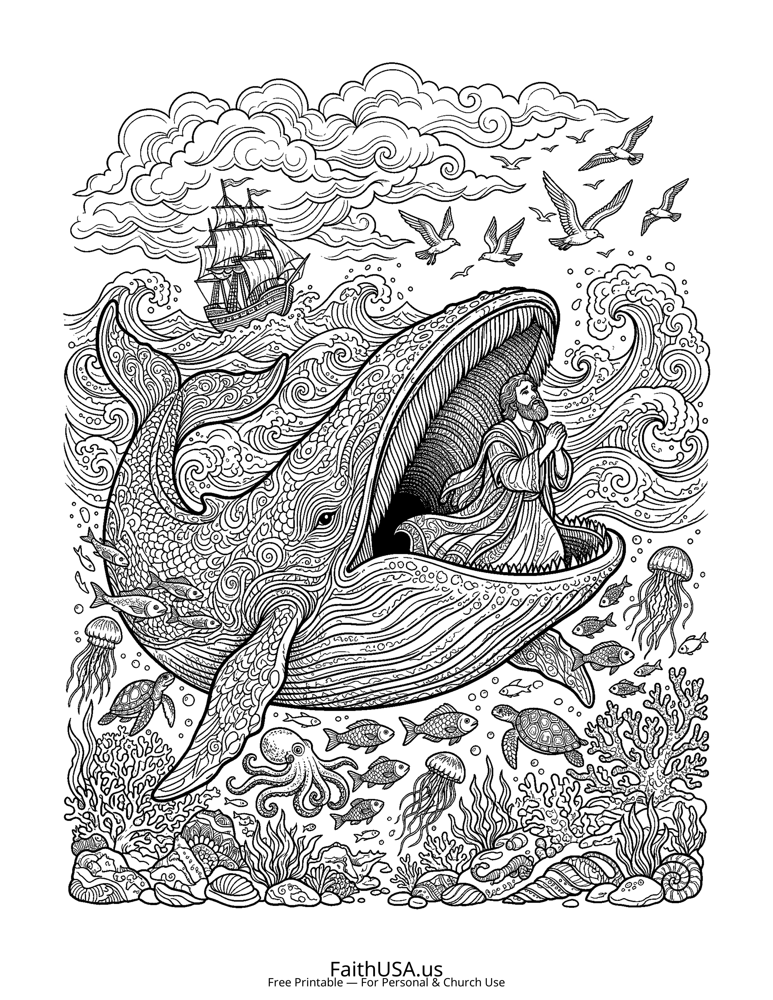 Christian Mandala coloring page featuring Jonah Whale in detailed black-and-white line art