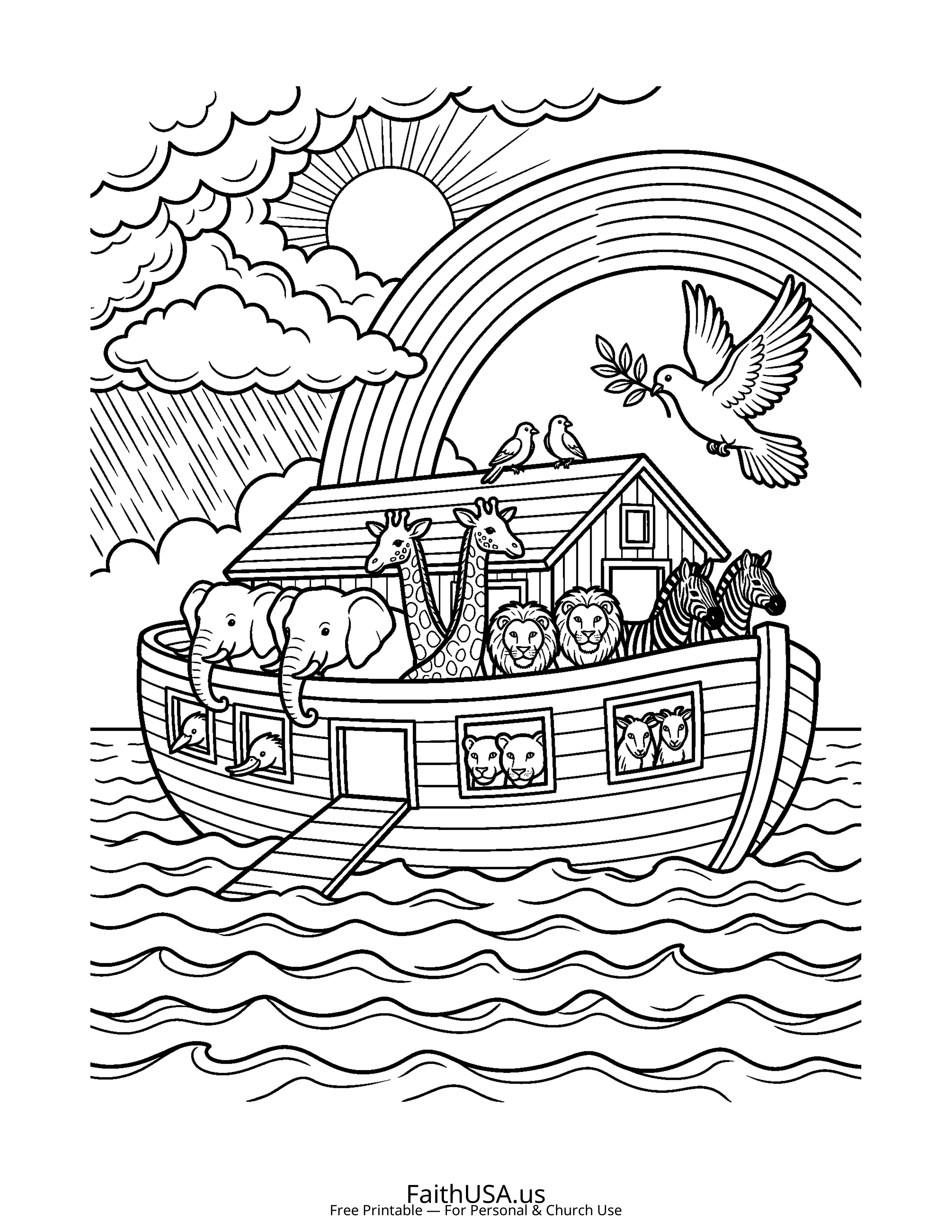 Christian Mandala coloring page featuring Noahs Ark in simple black-and-white line art