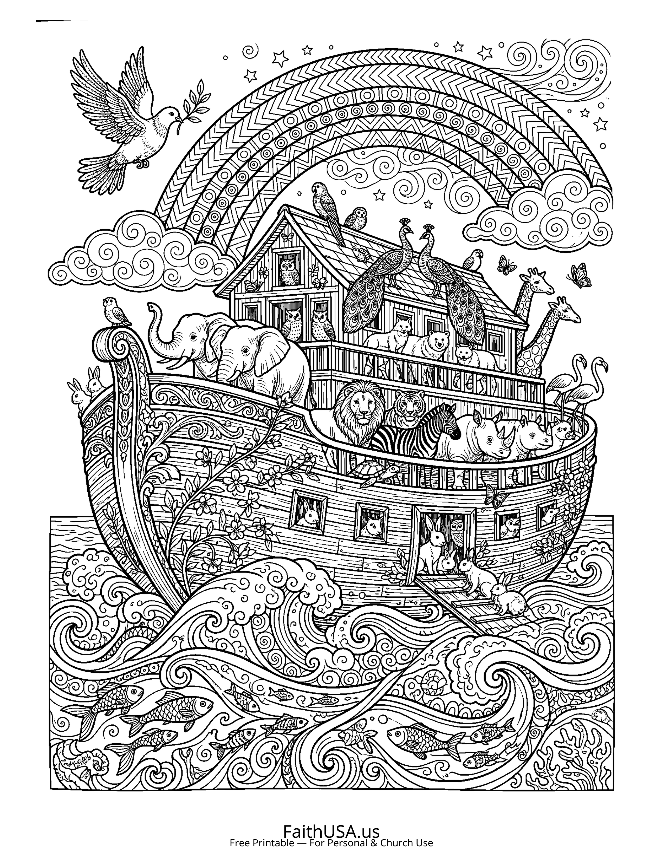 Christian Mandala coloring page featuring Noahs Ark in detailed black-and-white line art