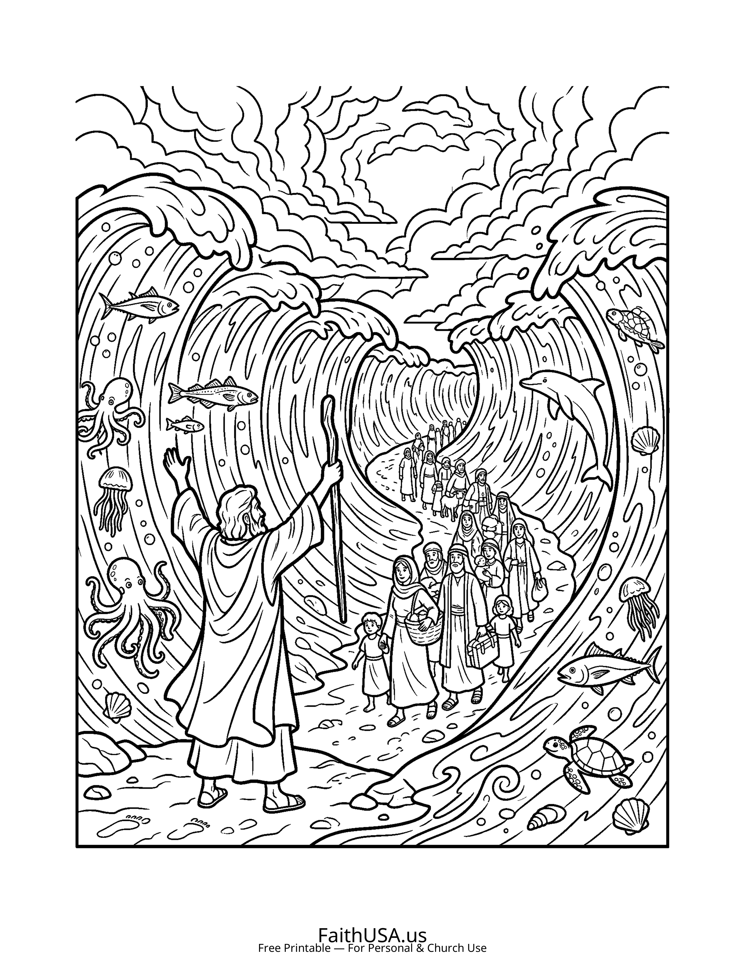 Christian Mandala coloring page featuring Moses Red Sea in simple black-and-white line art