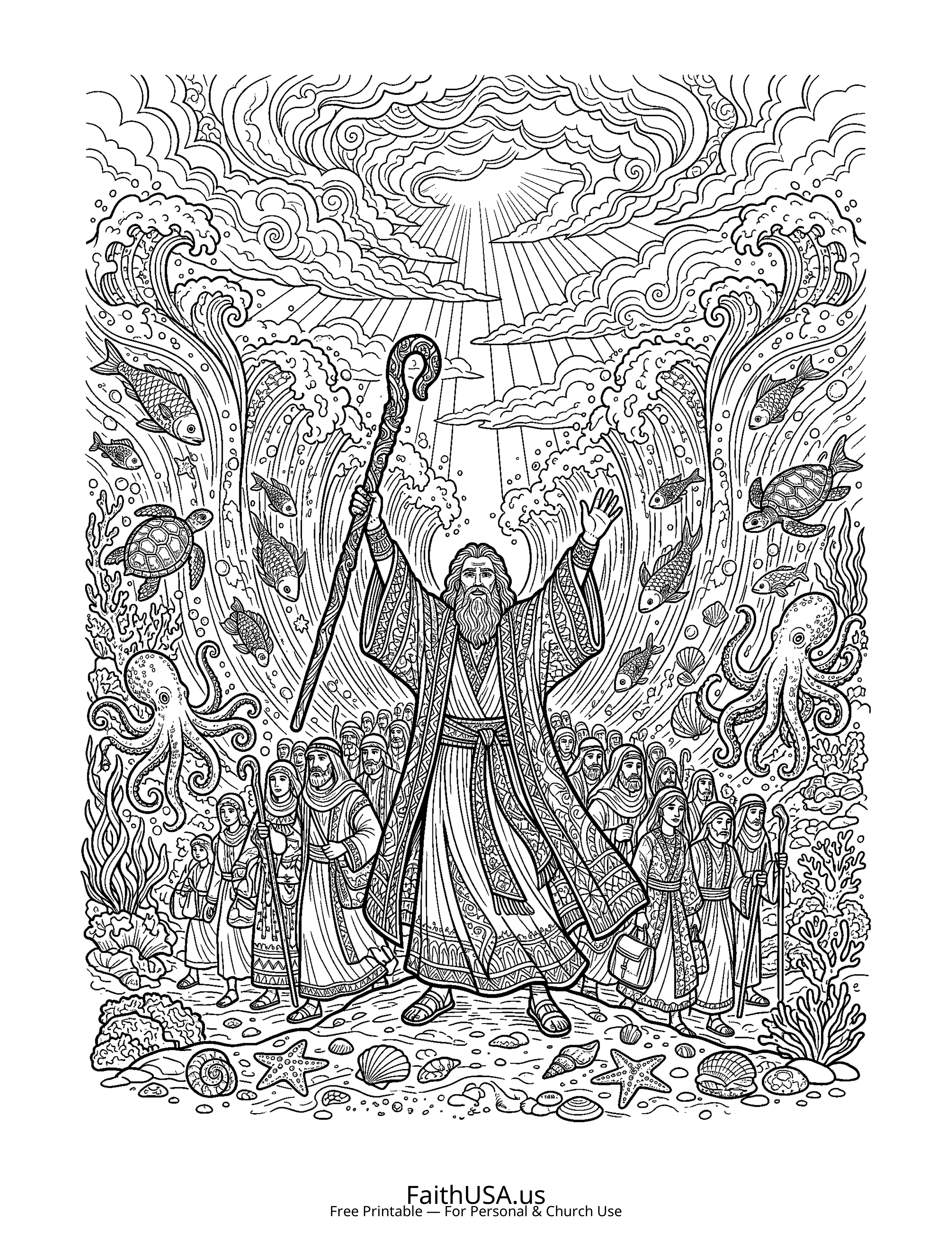 Christian Mandala coloring page featuring Moses Red Sea in detailed black-and-white line art