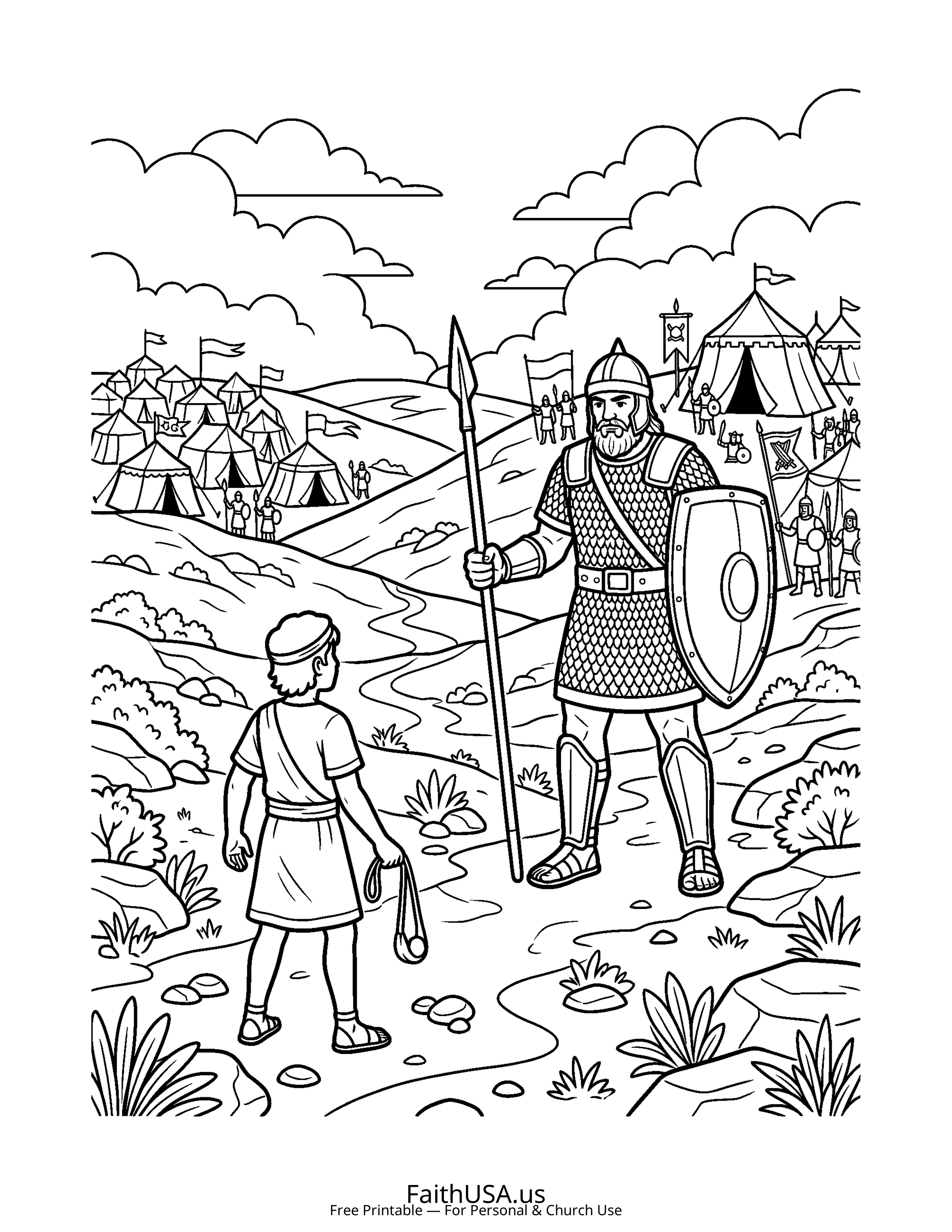 Christian Mandala coloring page featuring David Goliath in simple black-and-white line art