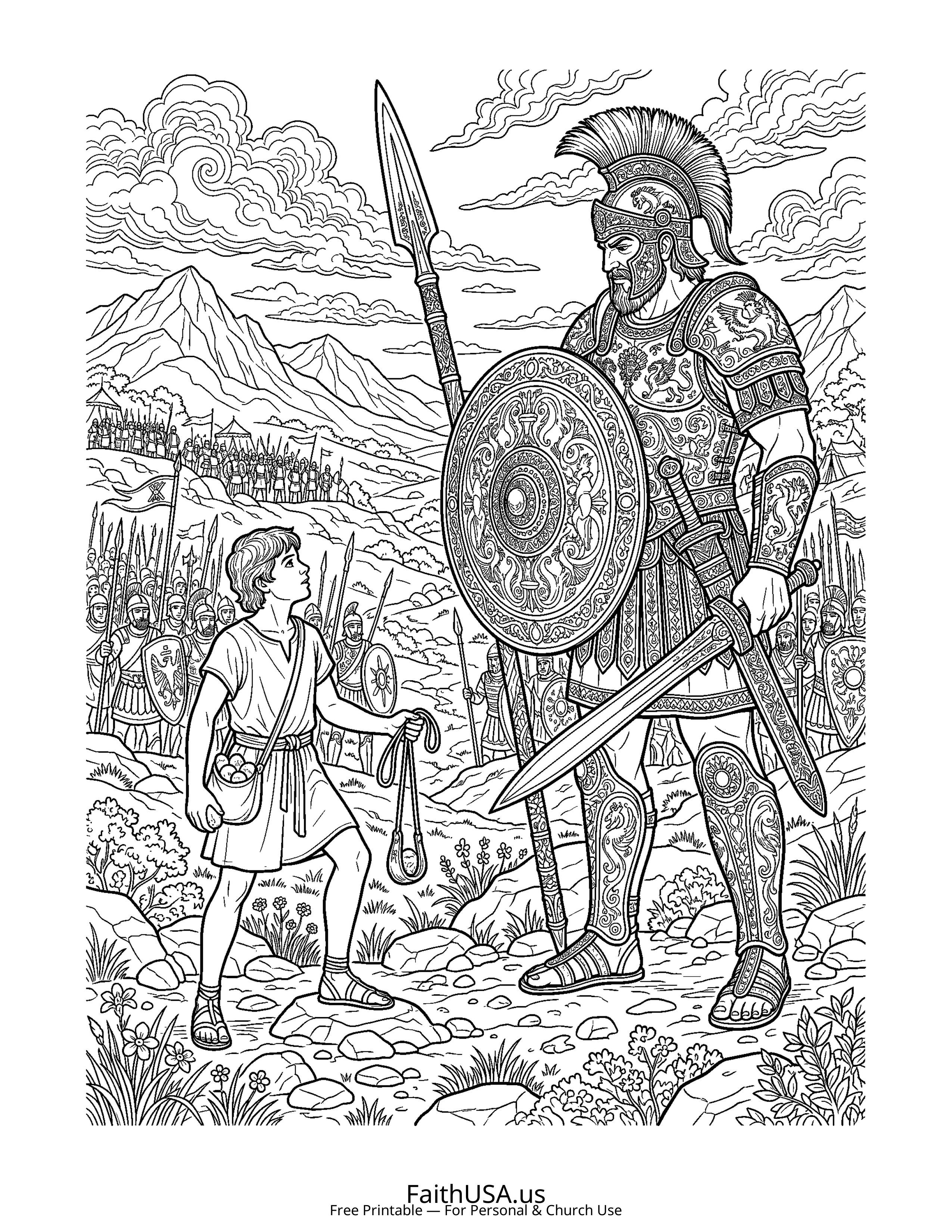Christian Mandala coloring page featuring David Goliath in detailed black-and-white line art