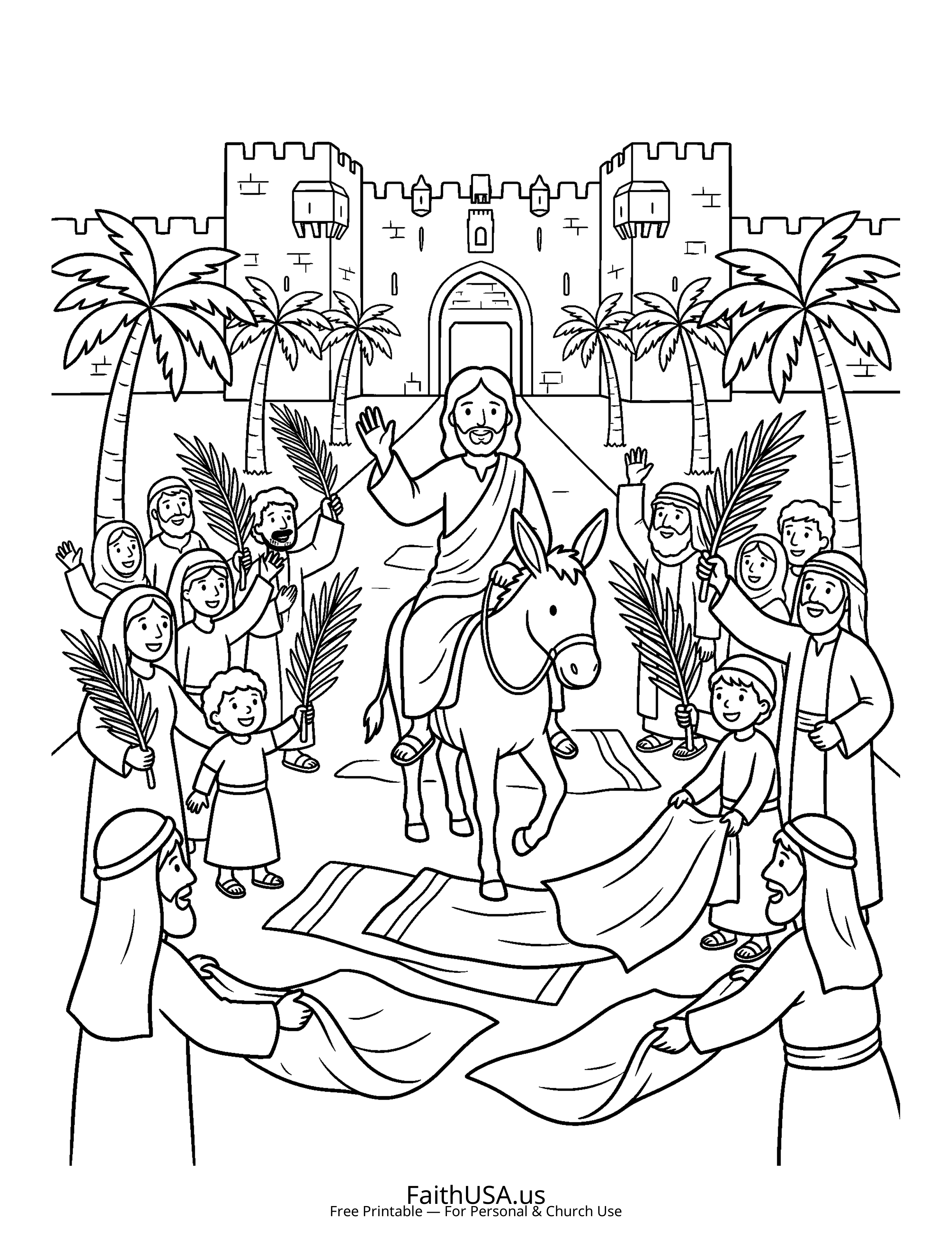 Christian Mandala coloring page featuring Palm Sunday in simple black-and-white line art