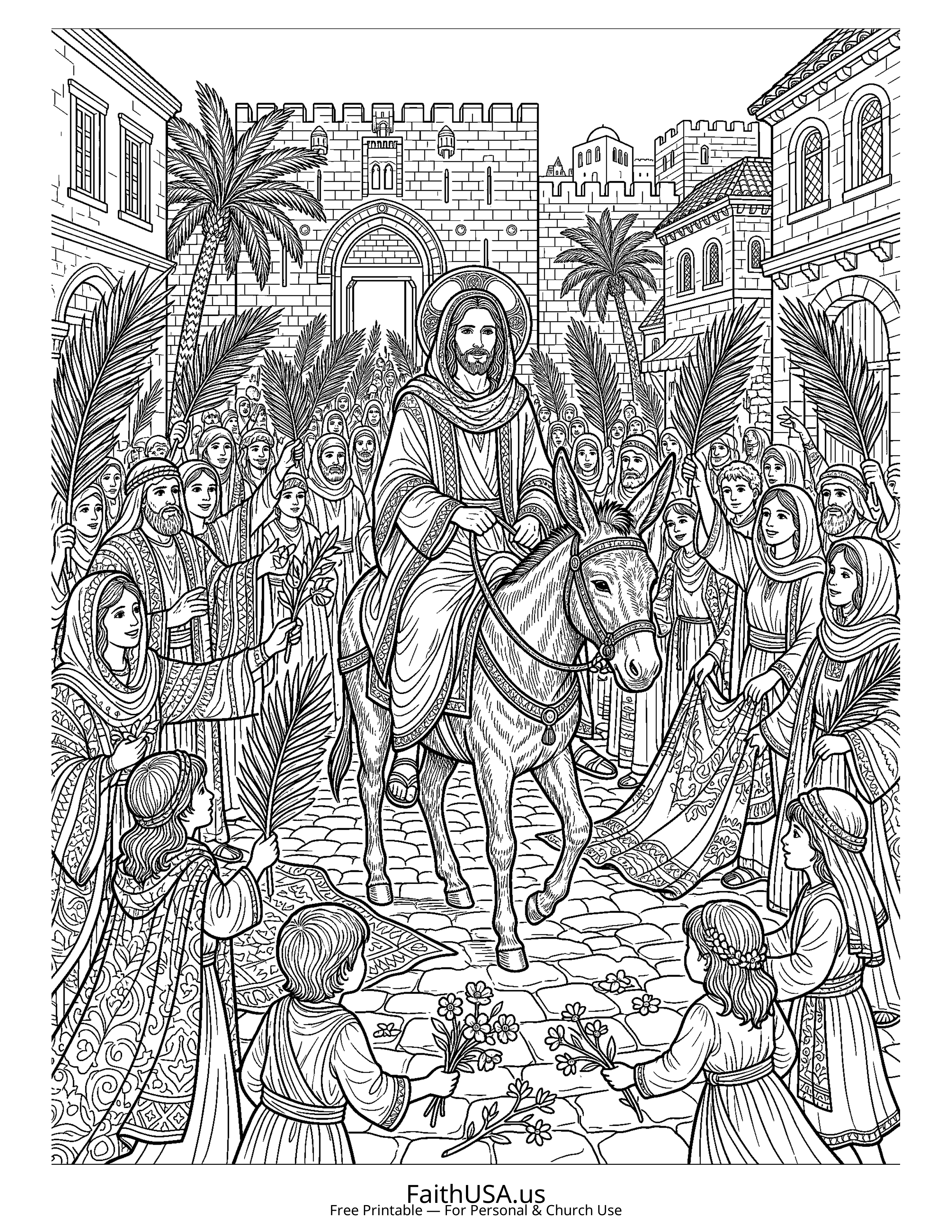 Christian Mandala coloring page featuring Palm Sunday in detailed black-and-white line art