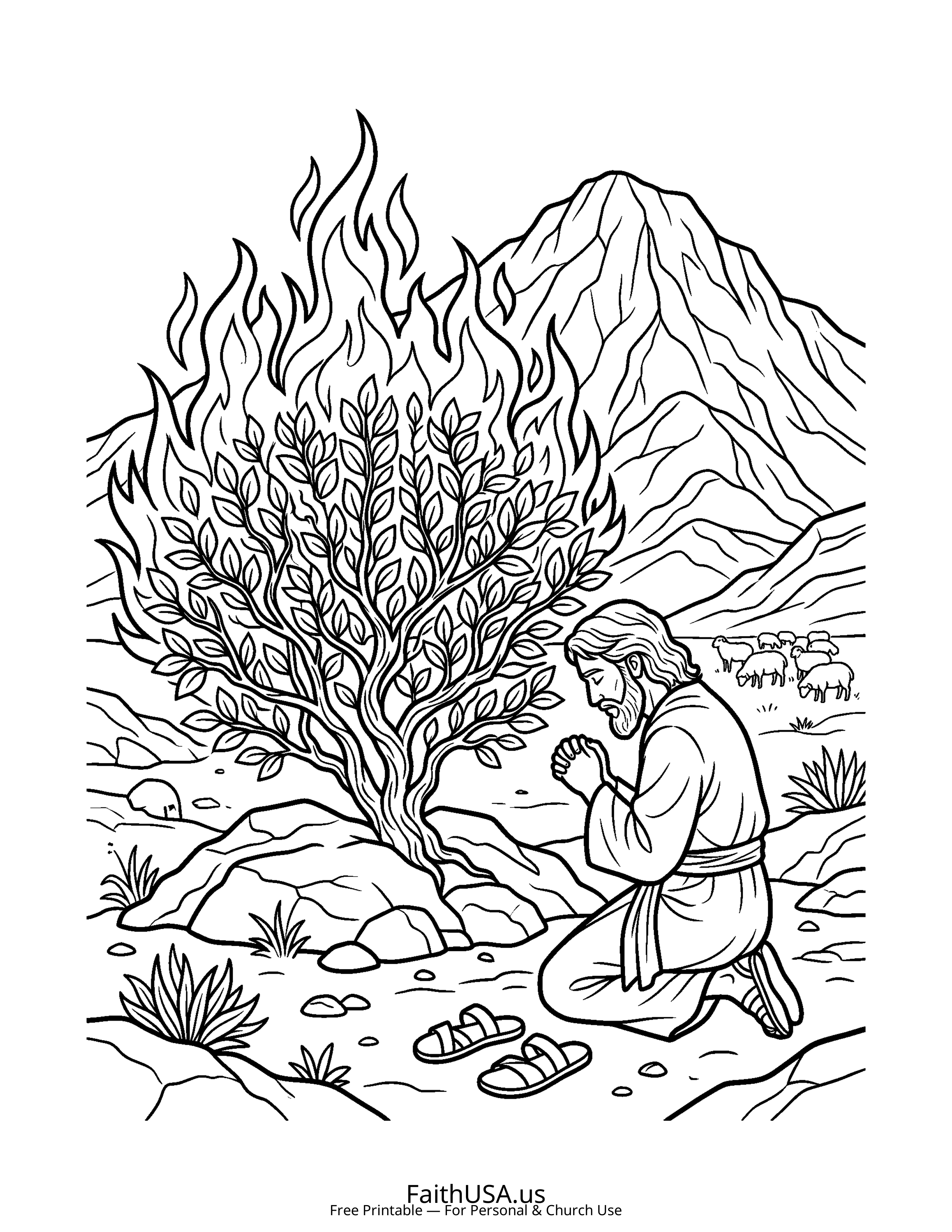 Christian Mandala coloring page featuring Burning Bush in simple black-and-white line art