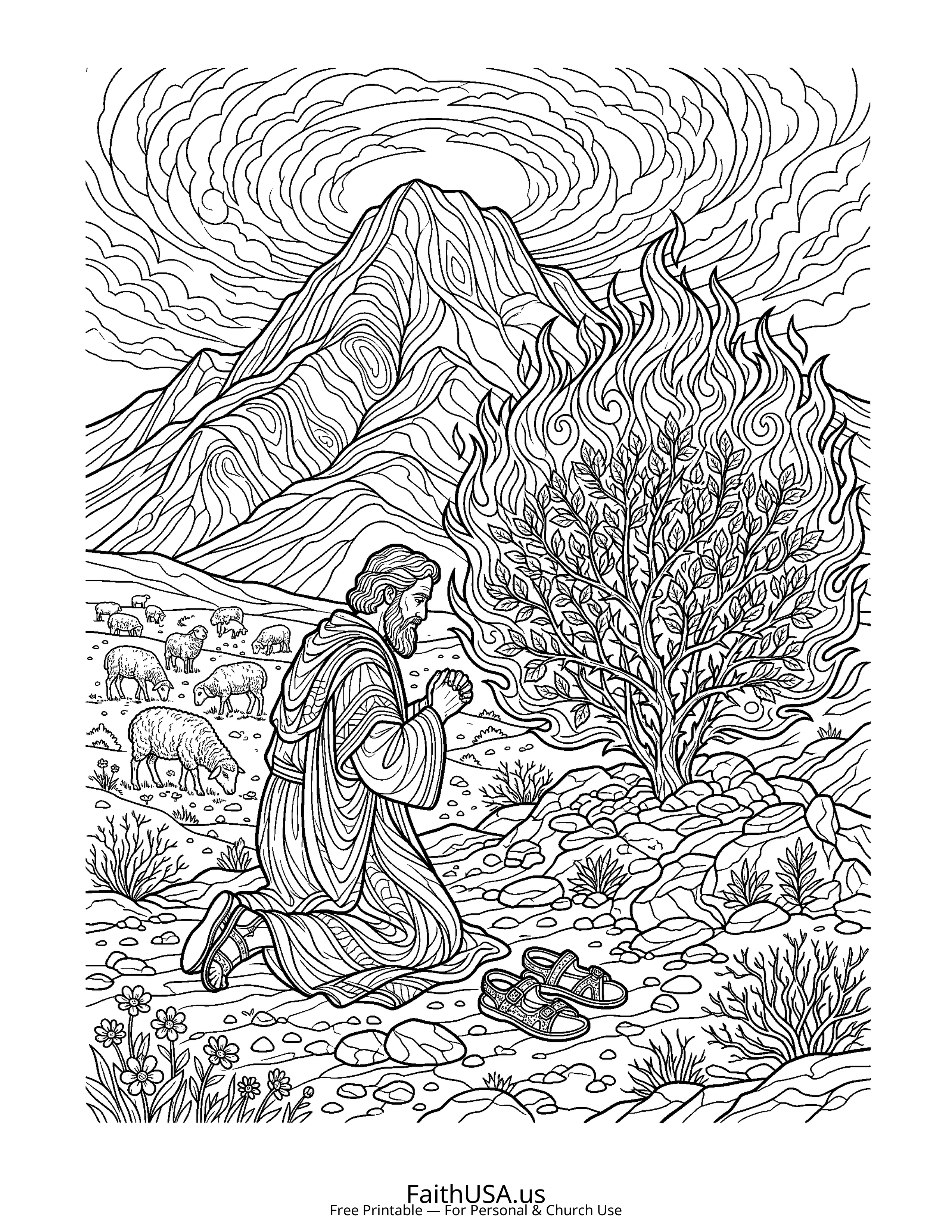 Christian Mandala coloring page featuring Burning Bush in detailed black-and-white line art