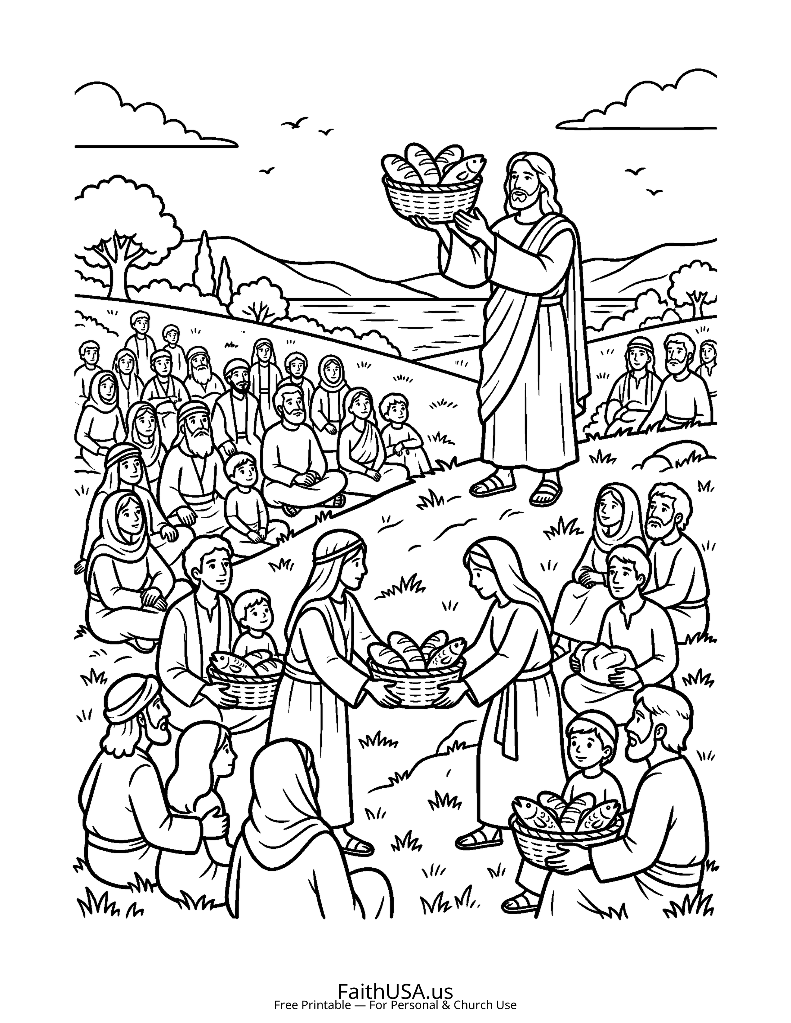 Christian Mandala coloring page featuring Loaves Fishes in simple black-and-white line art