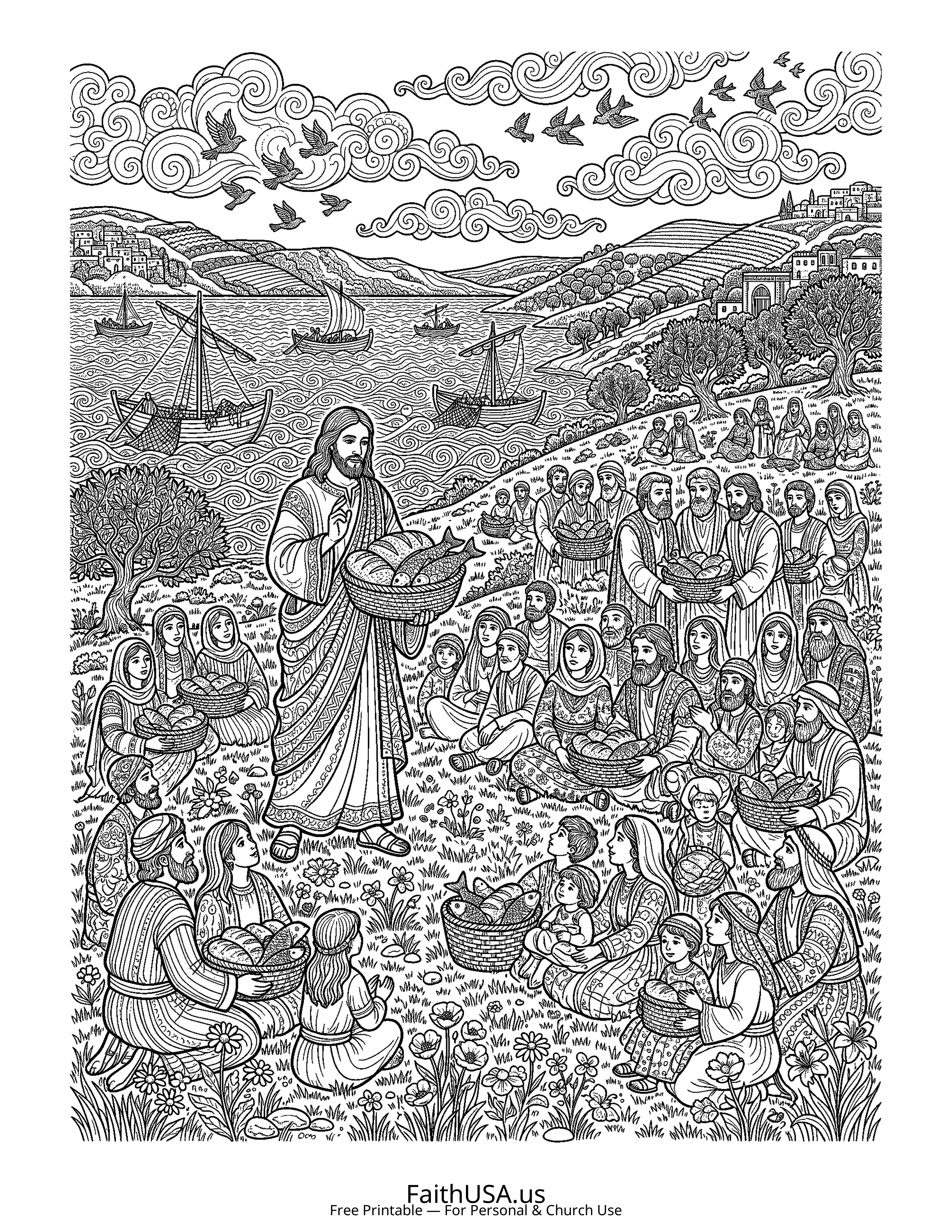 Christian Mandala coloring page featuring Loaves Fishes in detailed black-and-white line art