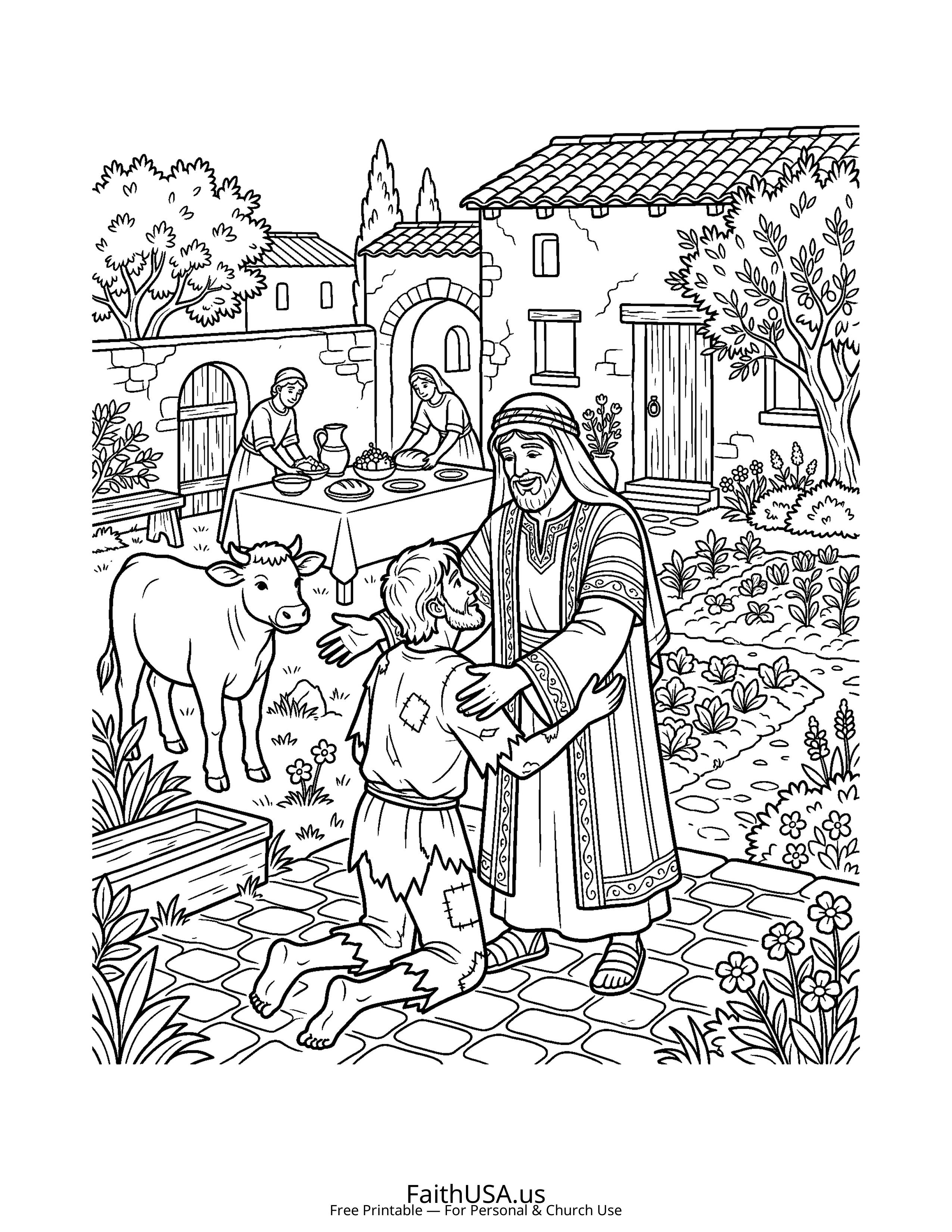 Christian Mandala coloring page featuring Prodigal Son in simple black-and-white line art