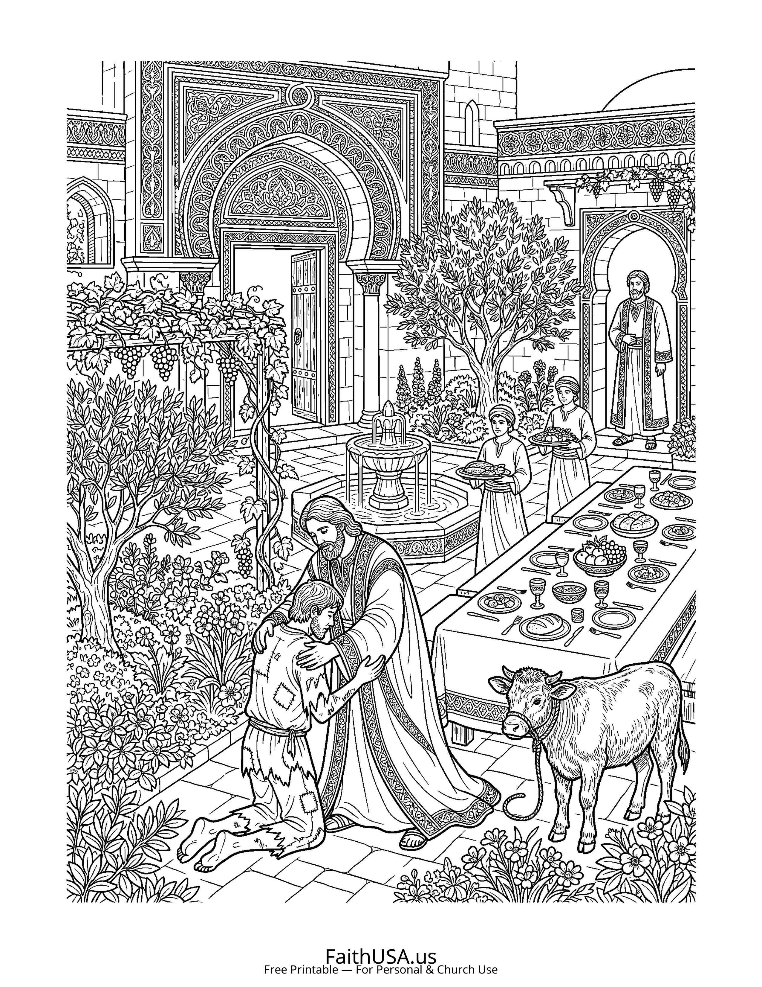 Christian Mandala coloring page featuring Prodigal Son in detailed black-and-white line art