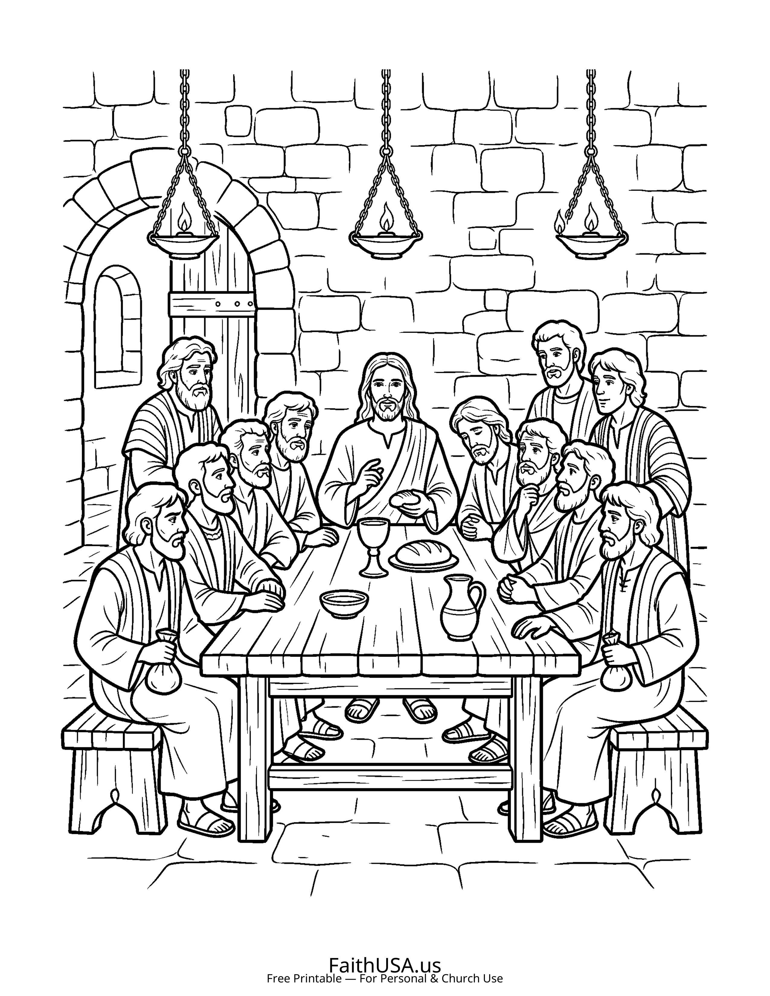 Christian Mandala coloring page featuring Last Supper in simple black-and-white line art