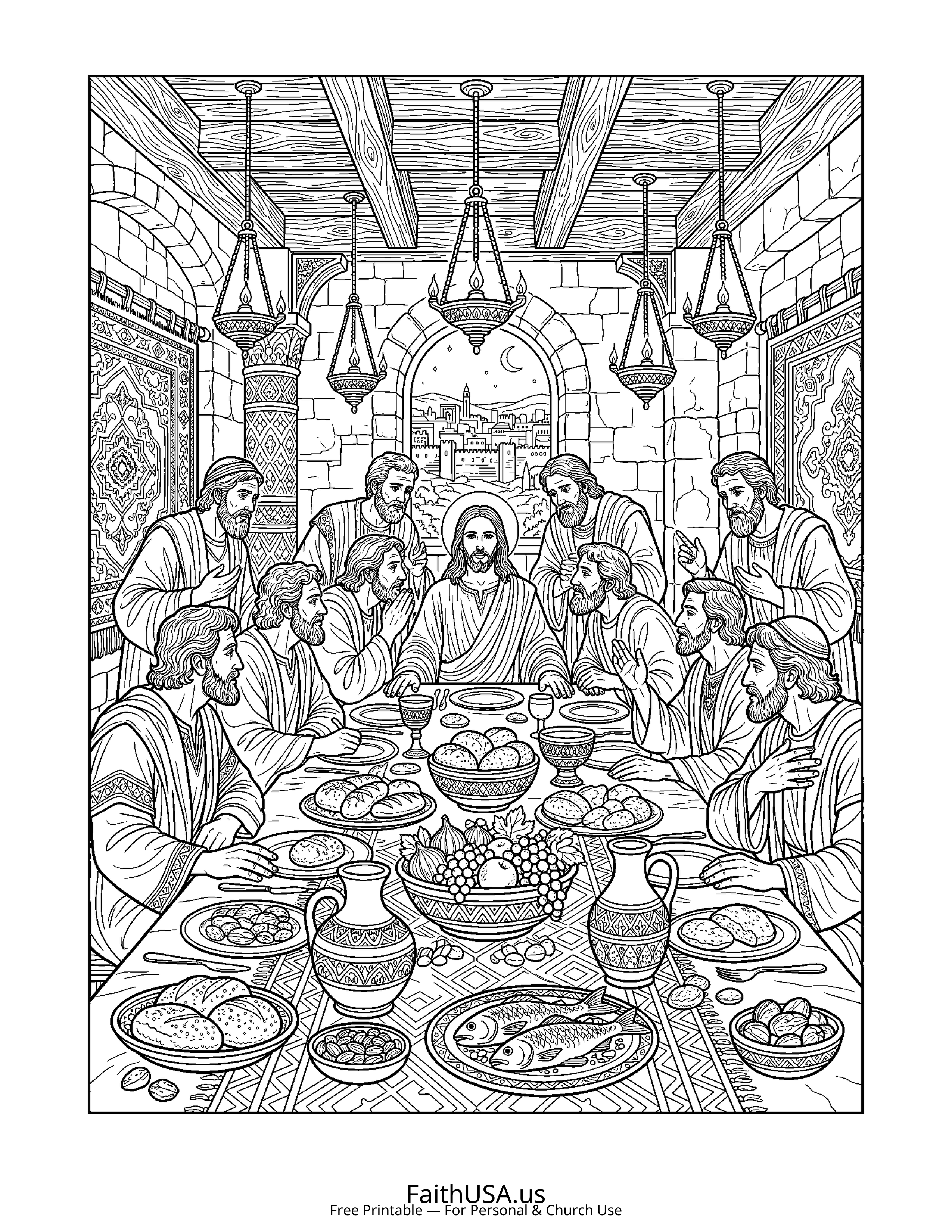 Christian Mandala coloring page featuring Last Supper in detailed black-and-white line art