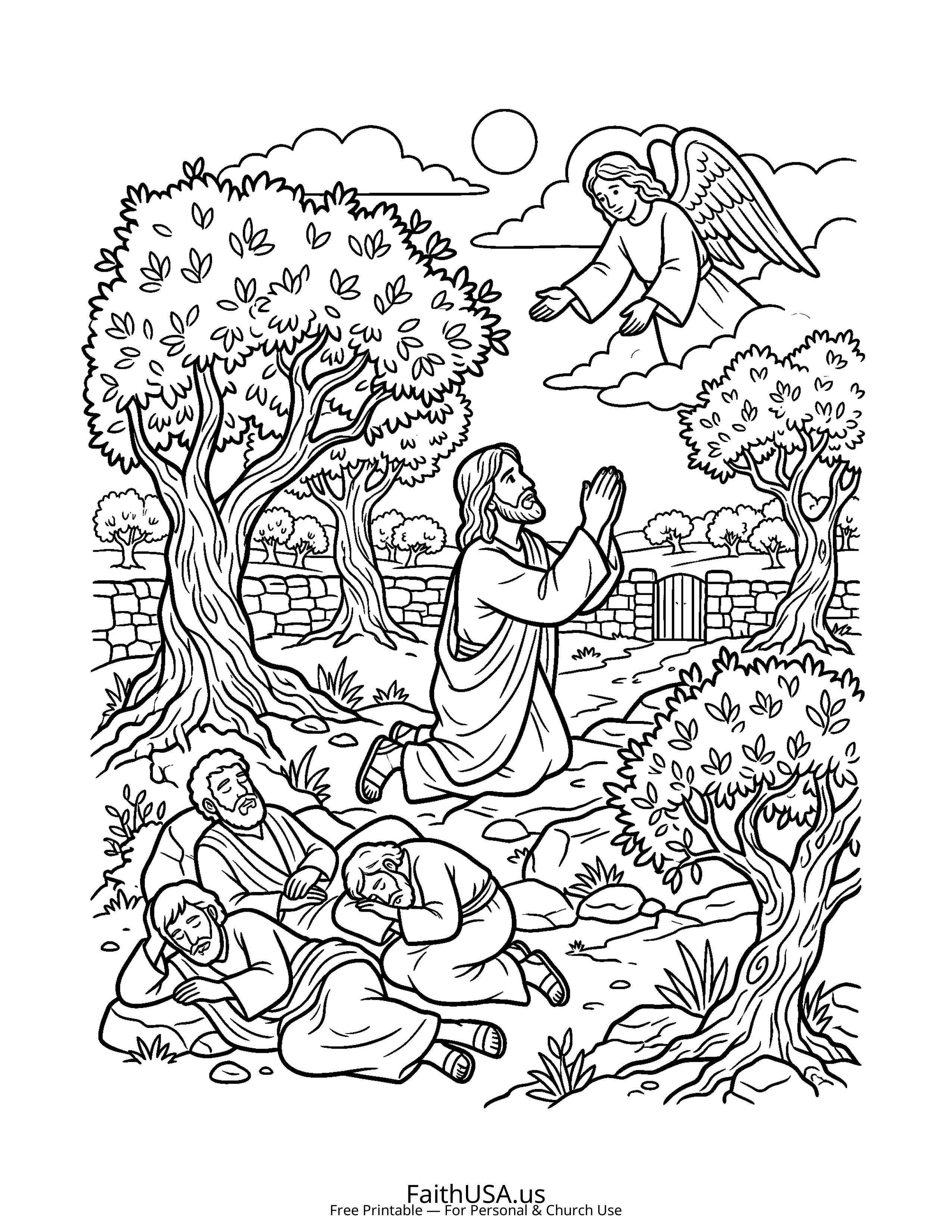 Christian Mandala coloring page featuring Gethsemane in simple black-and-white line art