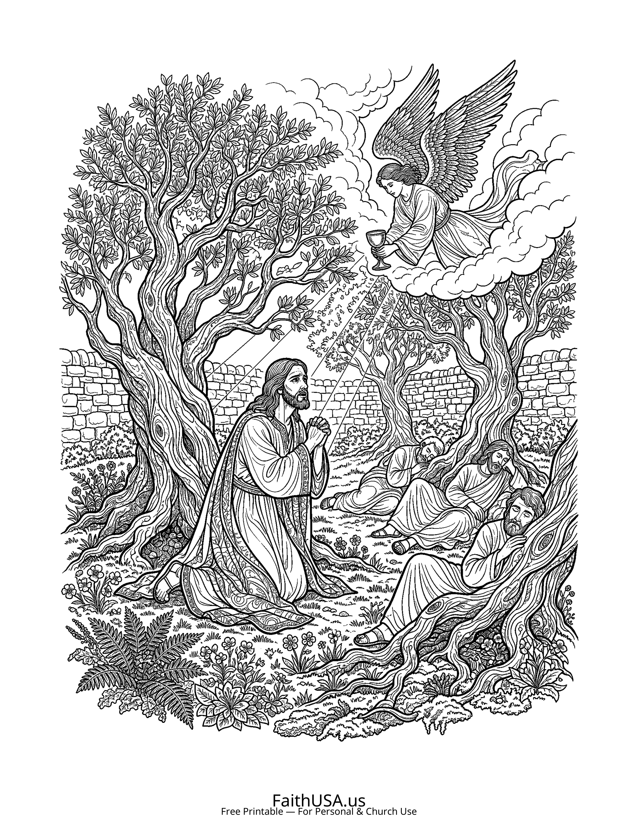 Christian Mandala coloring page featuring Gethsemane in detailed black-and-white line art