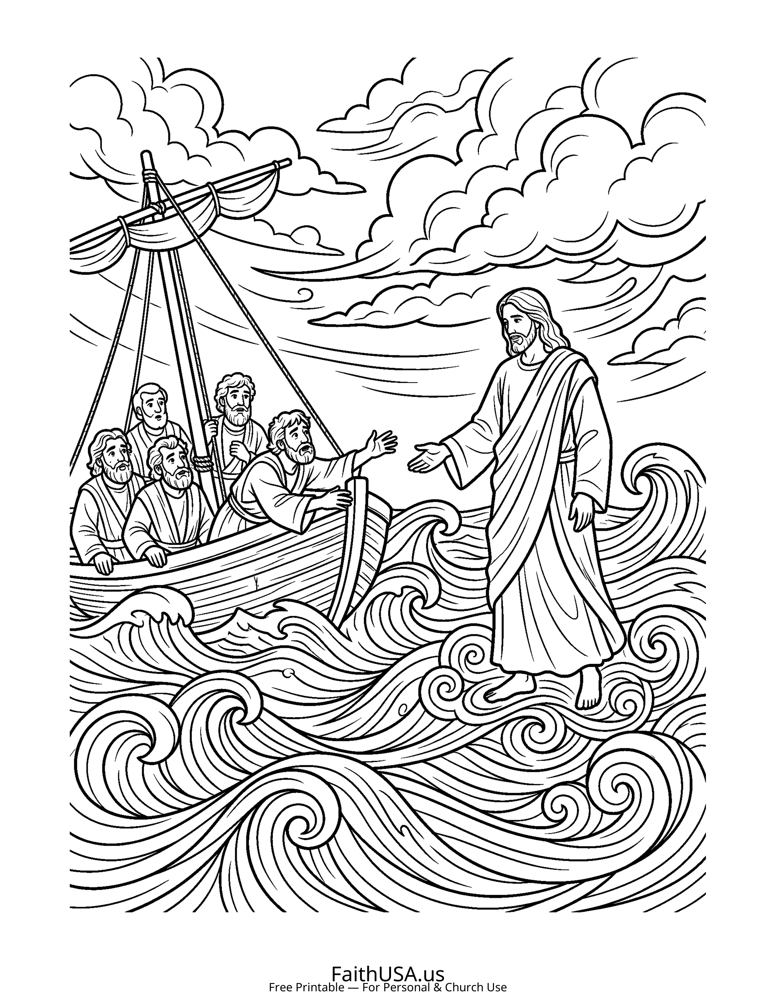 Christian Mandala coloring page featuring Walking Water in simple black-and-white line art