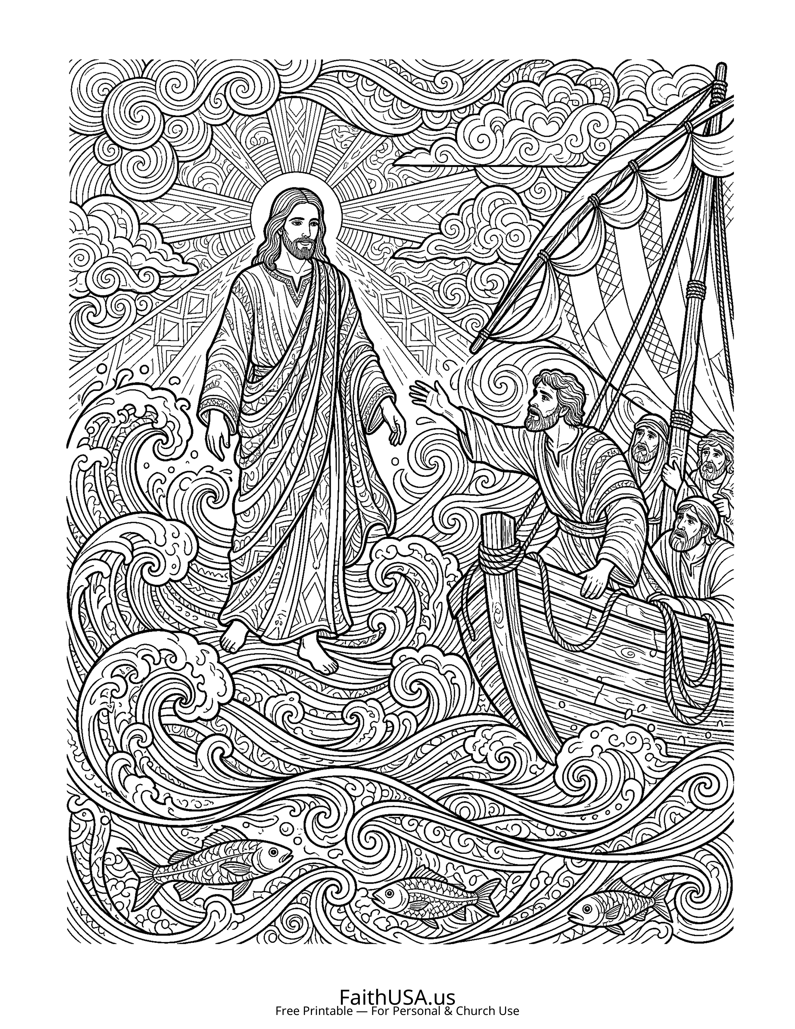 Christian Mandala coloring page featuring Walking Water in detailed black-and-white line art