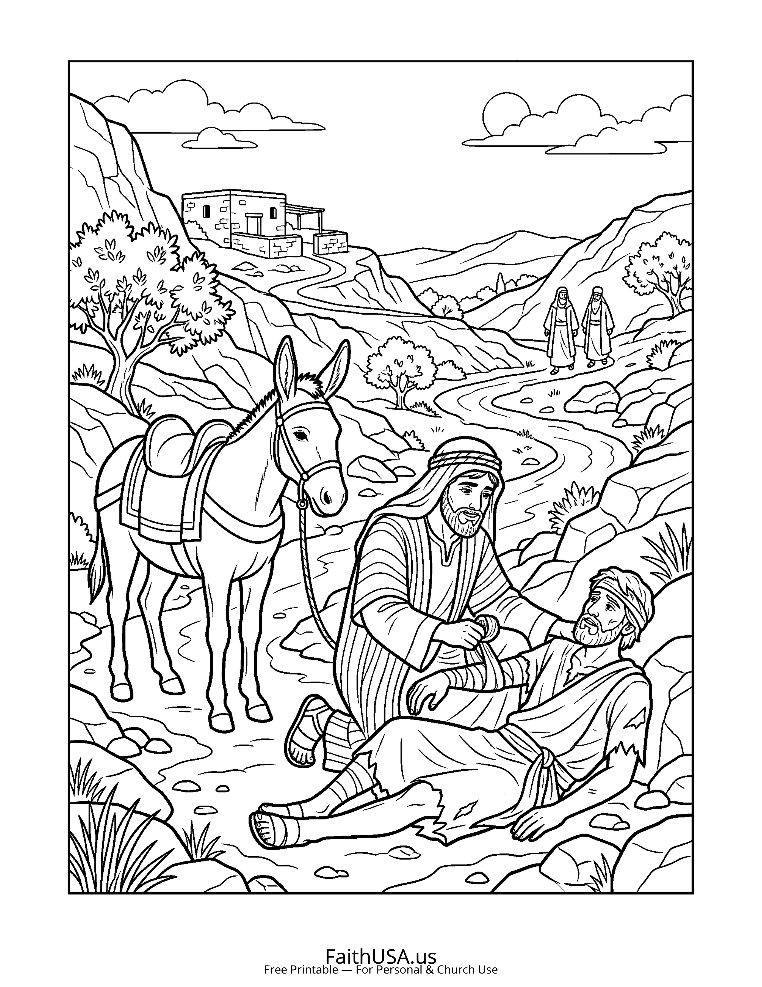 Christian Mandala coloring page featuring Good Samaritan in simple black-and-white line art
