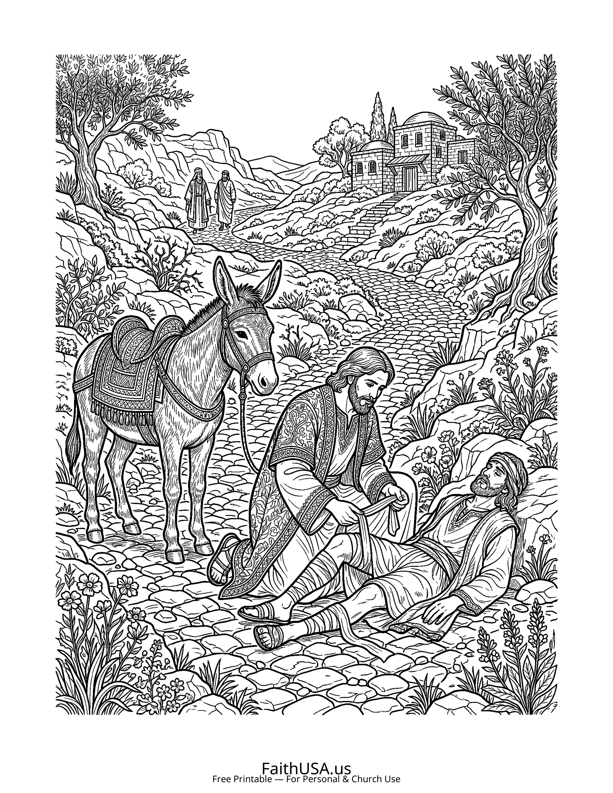 Christian Mandala coloring page featuring Good Samaritan in detailed black-and-white line art