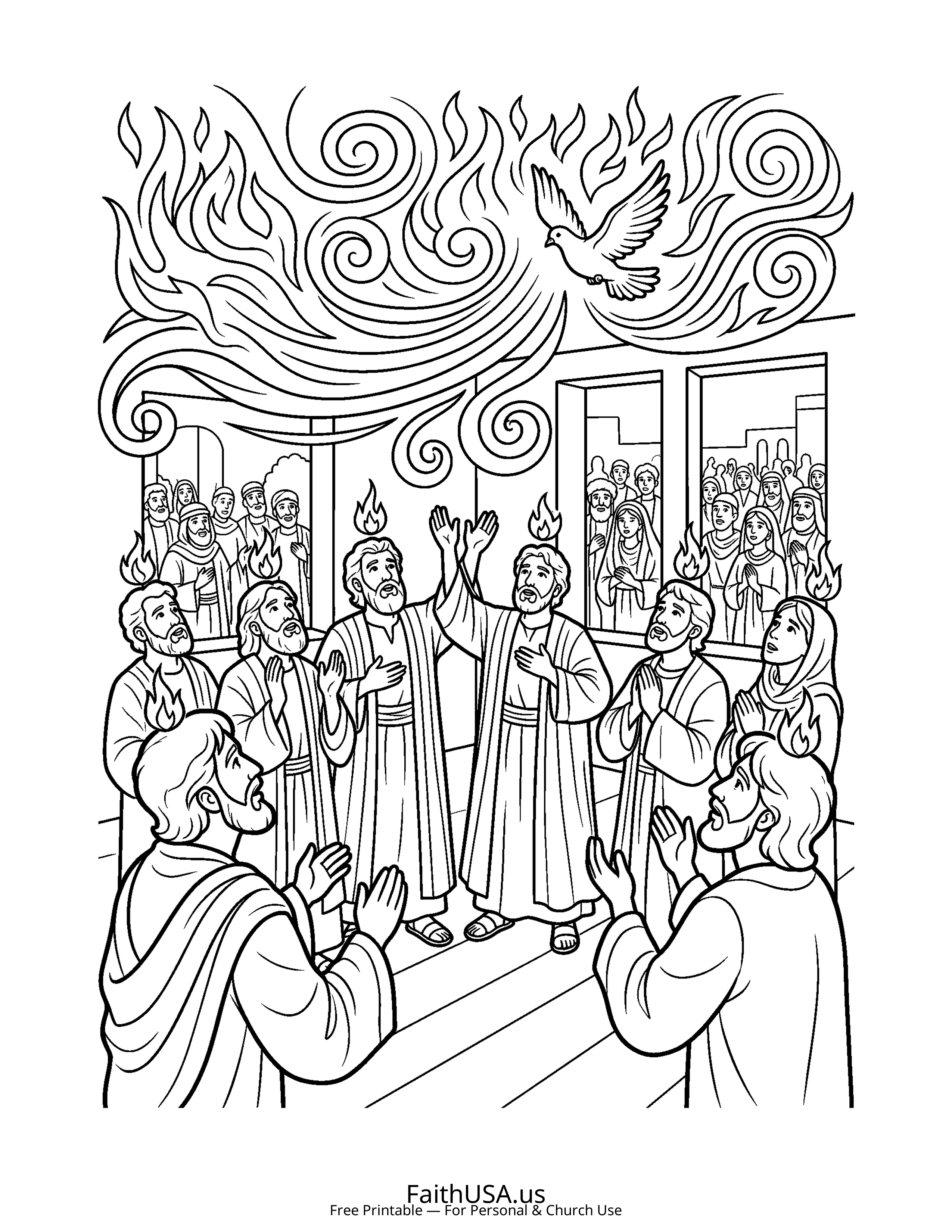 Christian Mandala coloring page featuring Pentecost in simple black-and-white line art