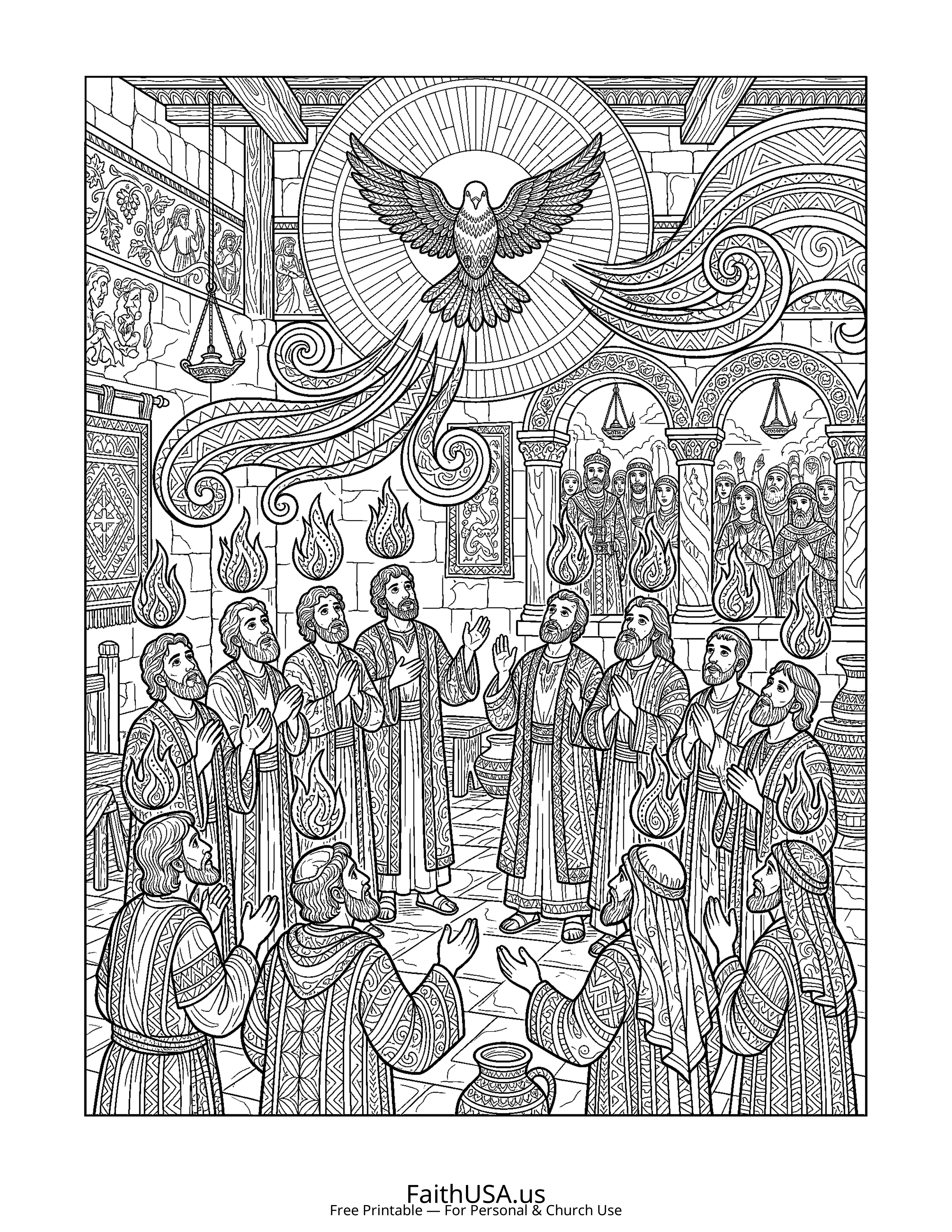 Christian Mandala coloring page featuring Pentecost in detailed black-and-white line art