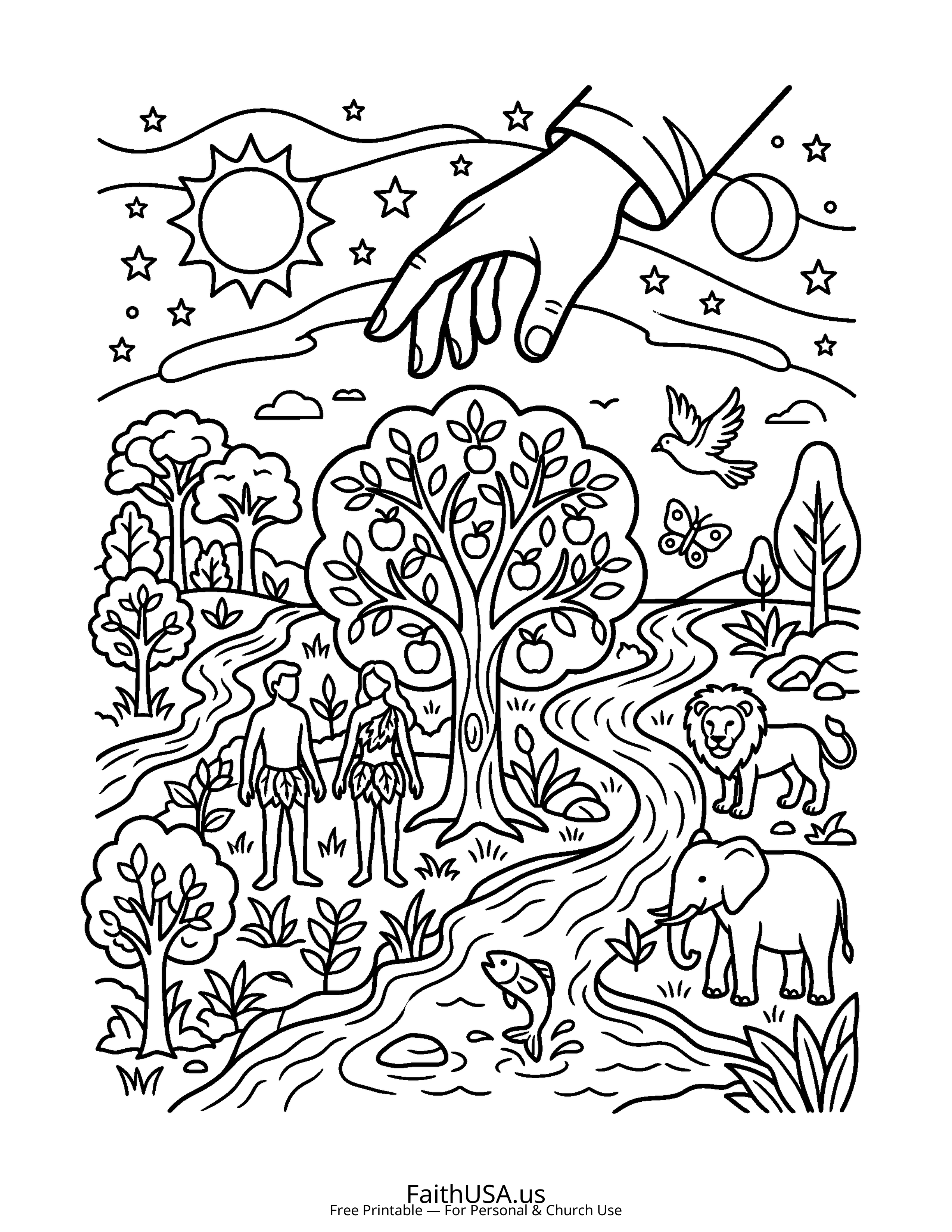Christian Mandala coloring page featuring Creation in simple black-and-white line art