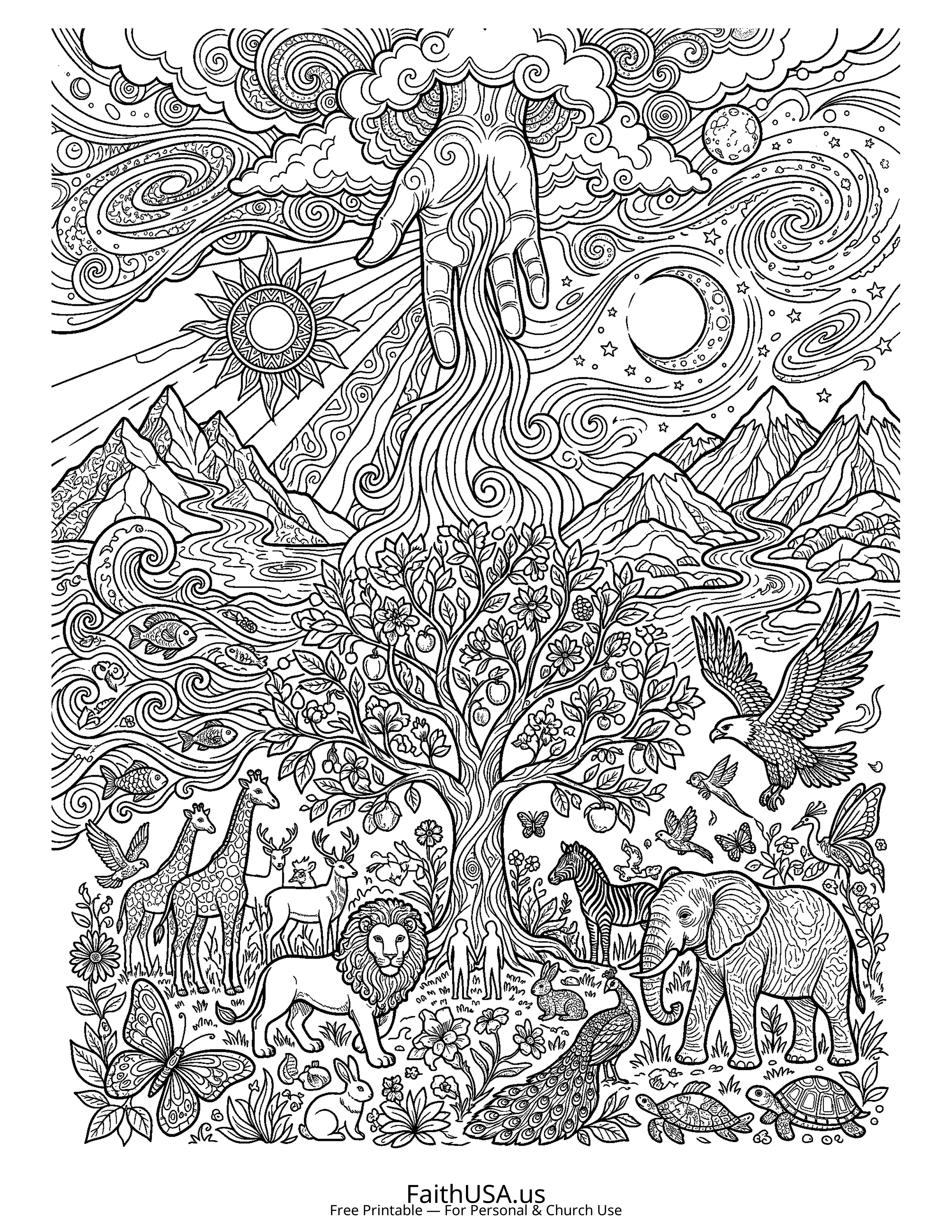 Christian Mandala coloring page featuring Creation in detailed black-and-white line art