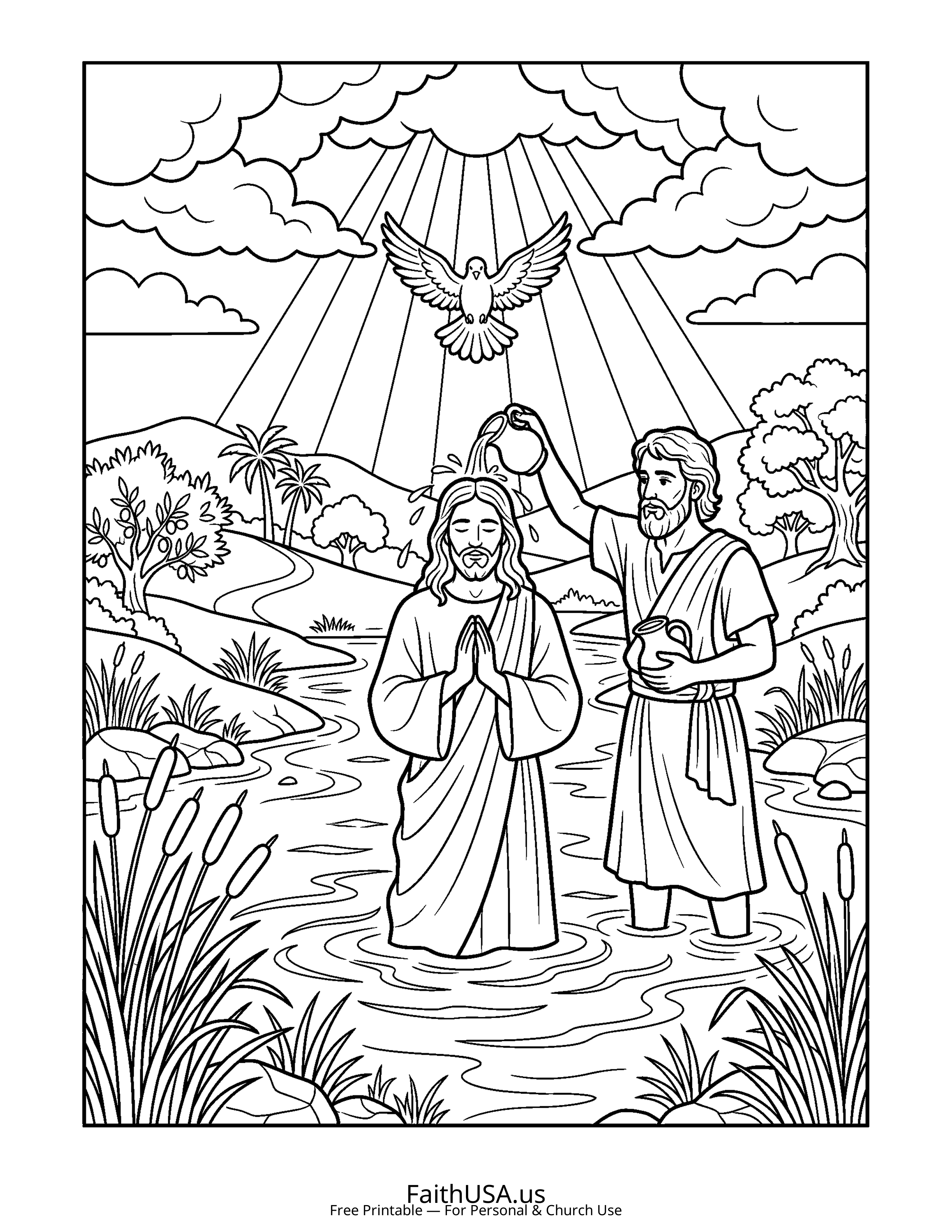 Christian Mandala coloring page featuring Baptism Jesus in simple black-and-white line art