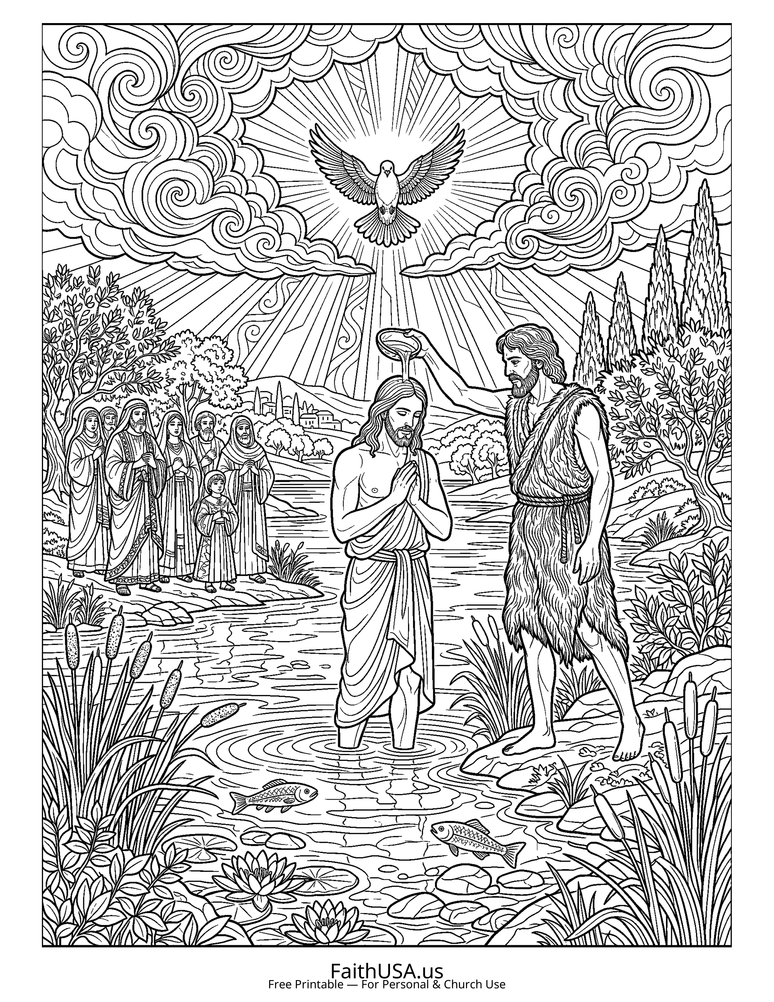 Christian Mandala coloring page featuring Baptism Jesus in detailed black-and-white line art