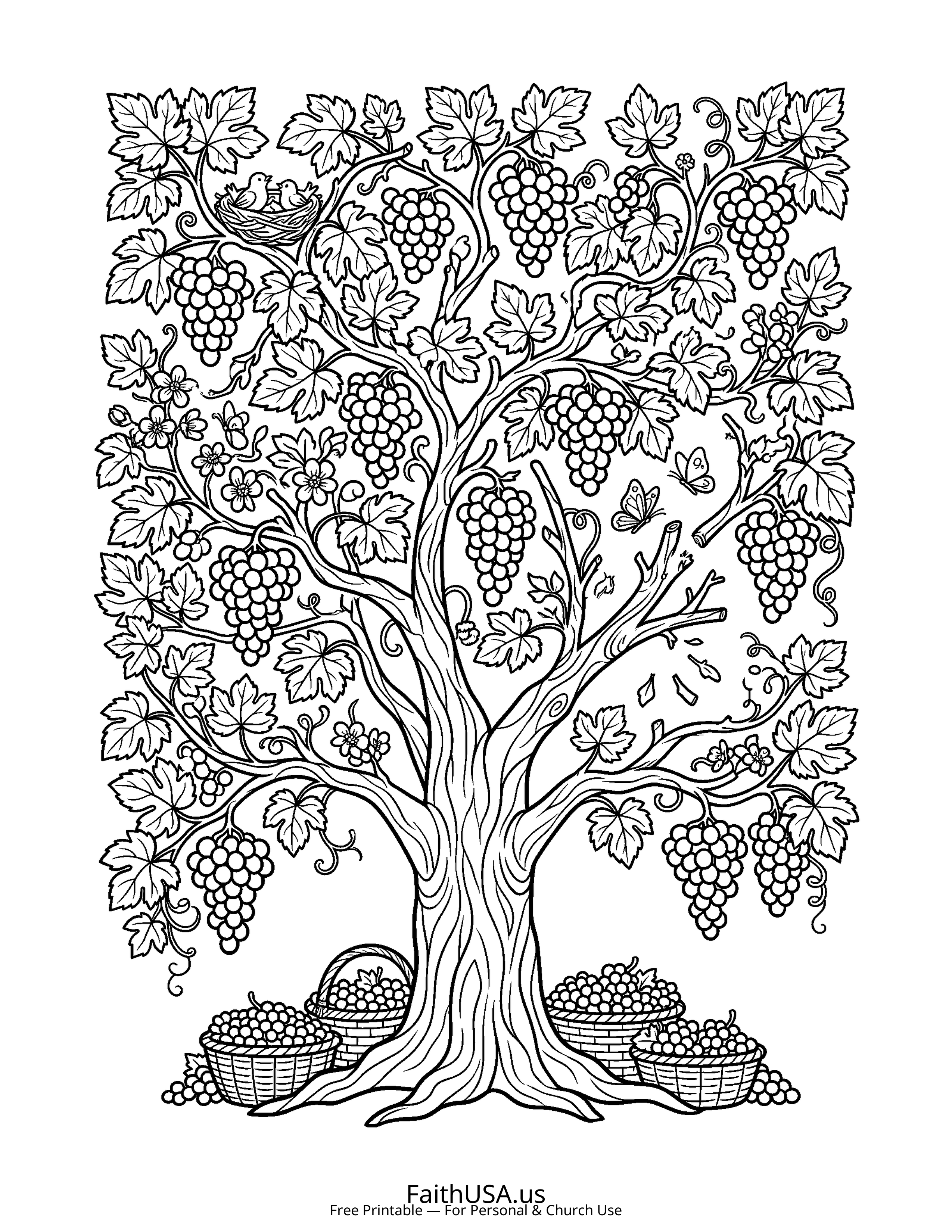 Christian Mandala coloring page featuring Vine Branches in simple black-and-white line art