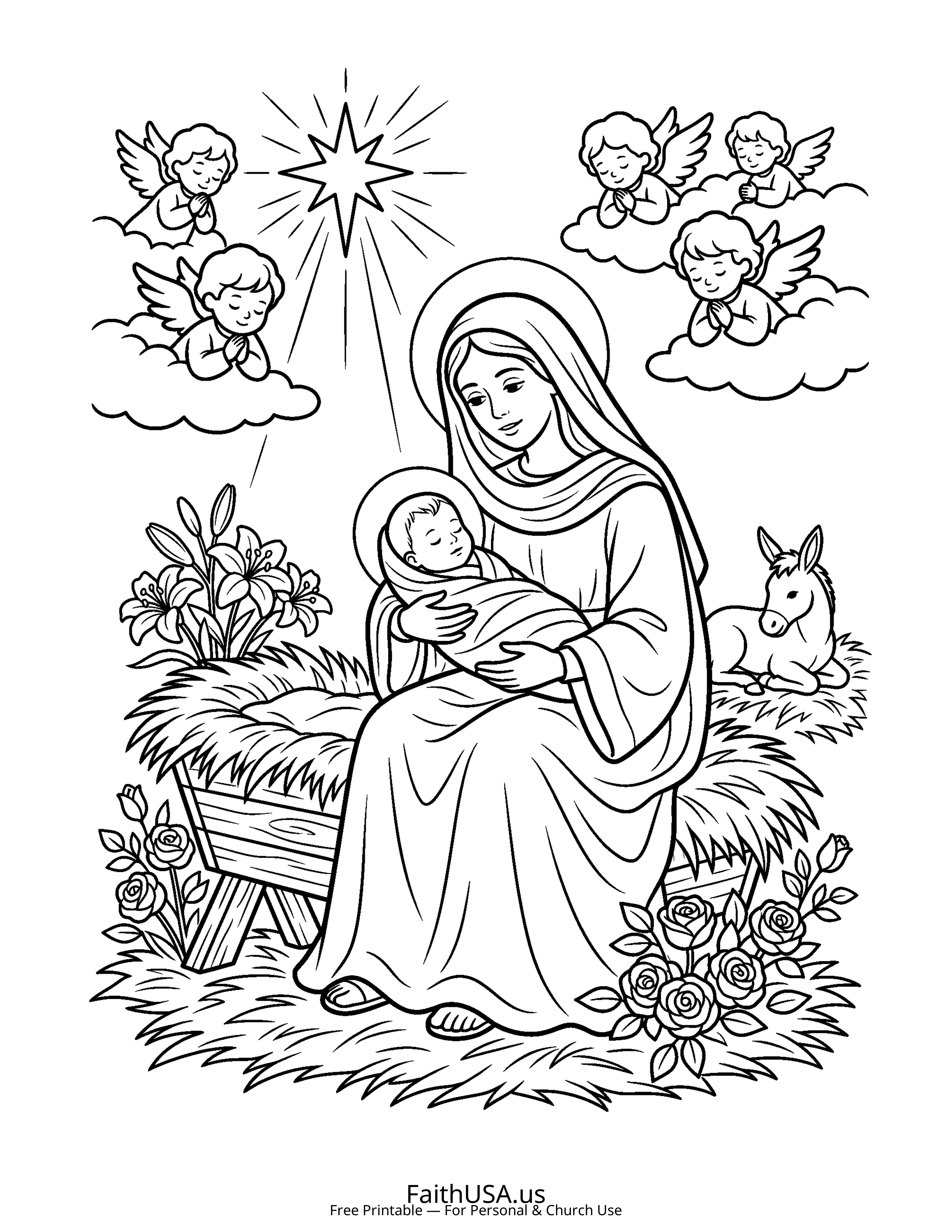 Christian Mandala coloring page featuring Mary Jesus in simple black-and-white line art