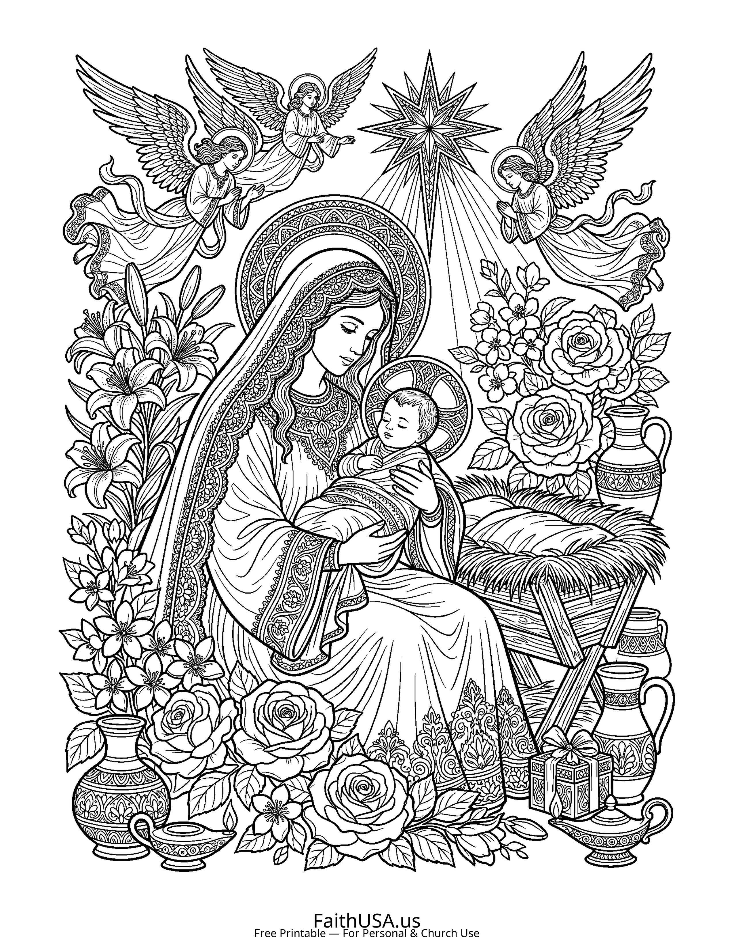 Christian Mandala coloring page featuring Mary Jesus in detailed black-and-white line art