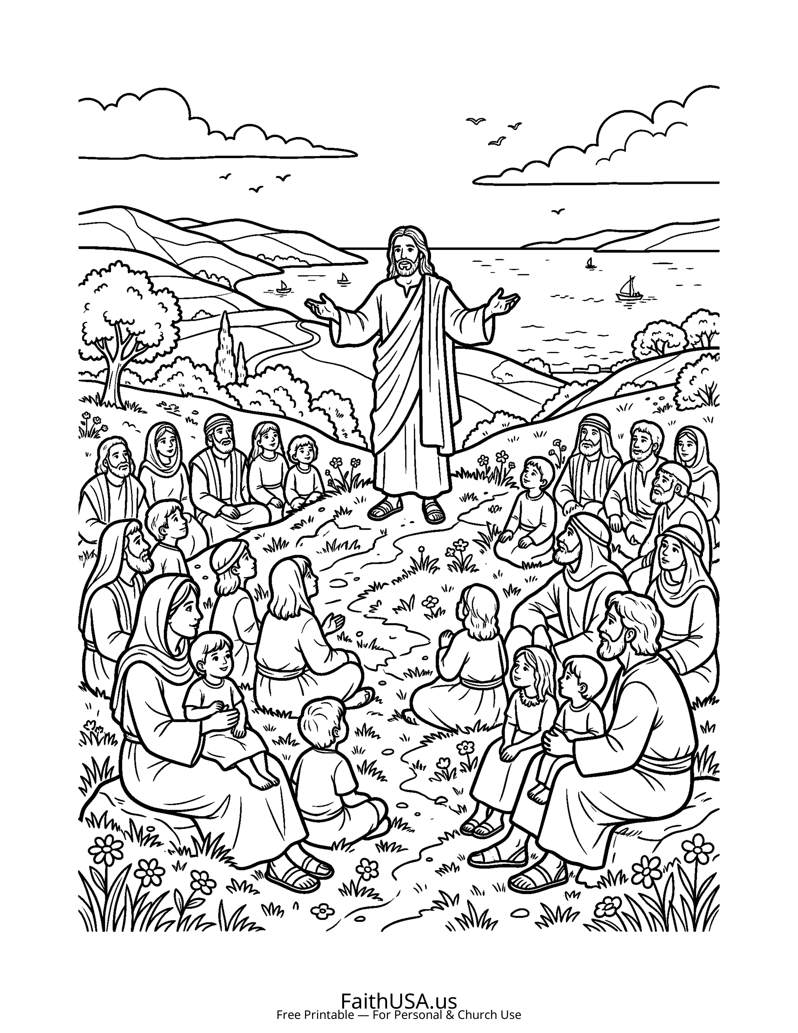 Christian Mandala coloring page featuring Sermon Mount in simple black-and-white line art