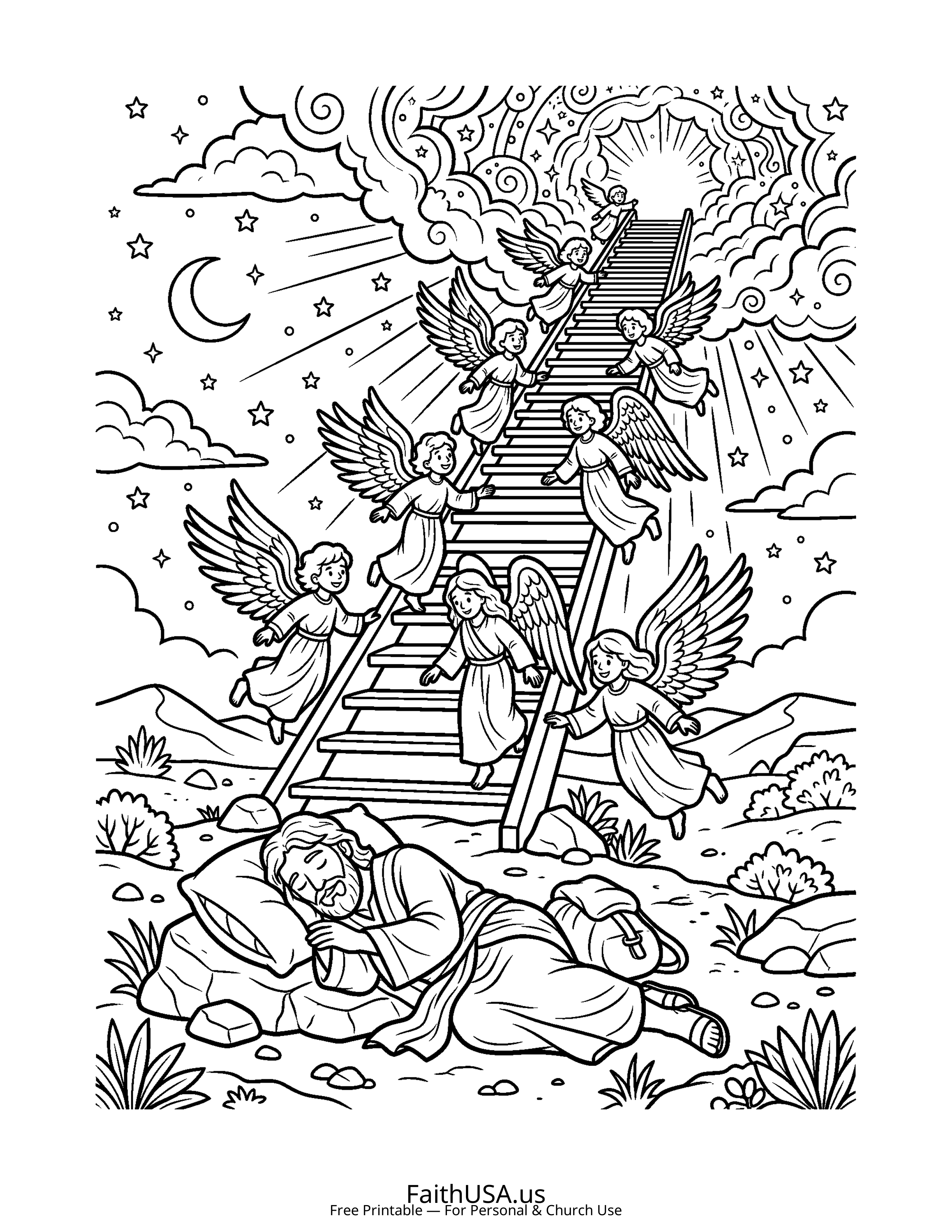Christian Mandala coloring page featuring Jacobs Ladder in simple black-and-white line art