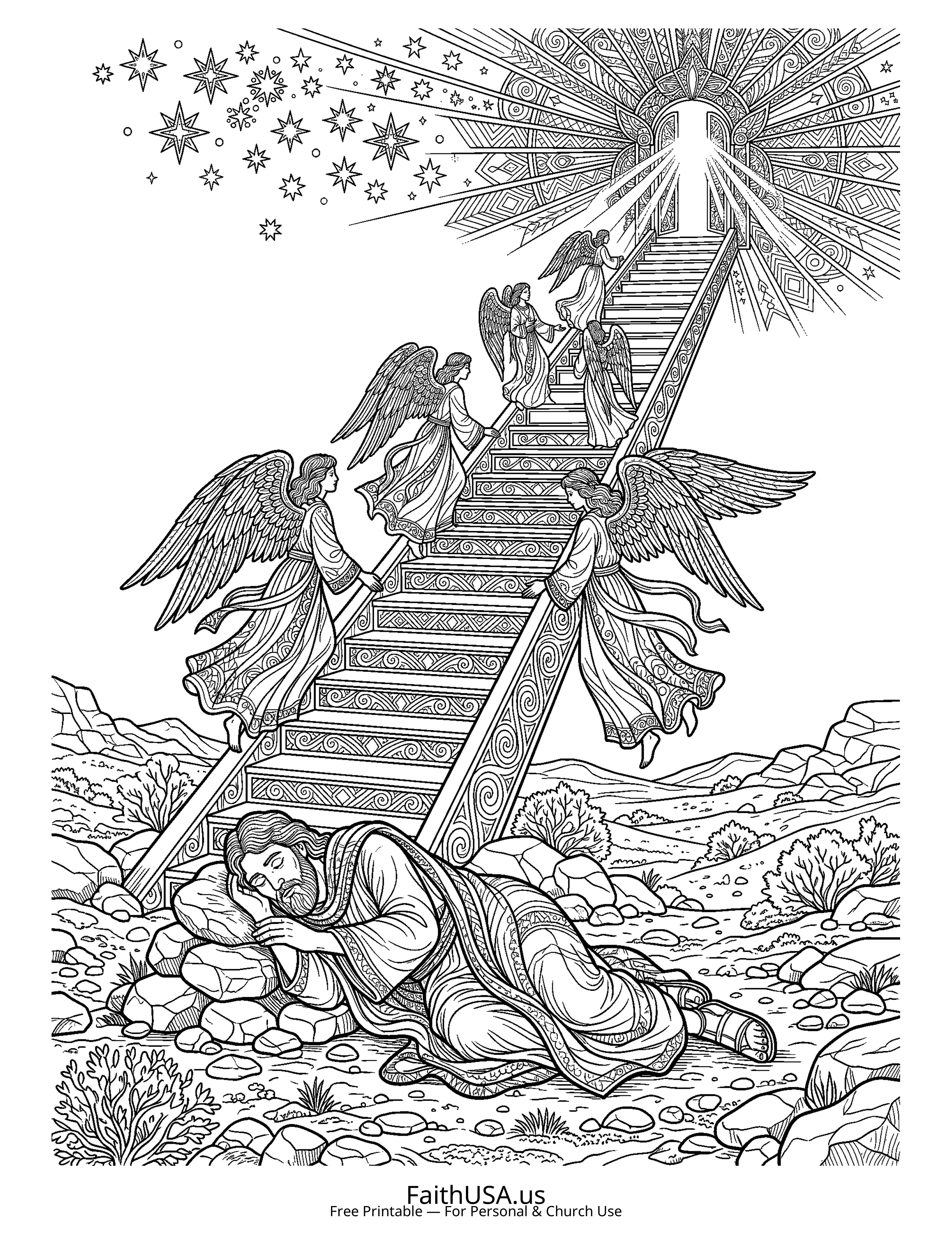 Christian Mandala coloring page featuring Jacobs Ladder in detailed black-and-white line art