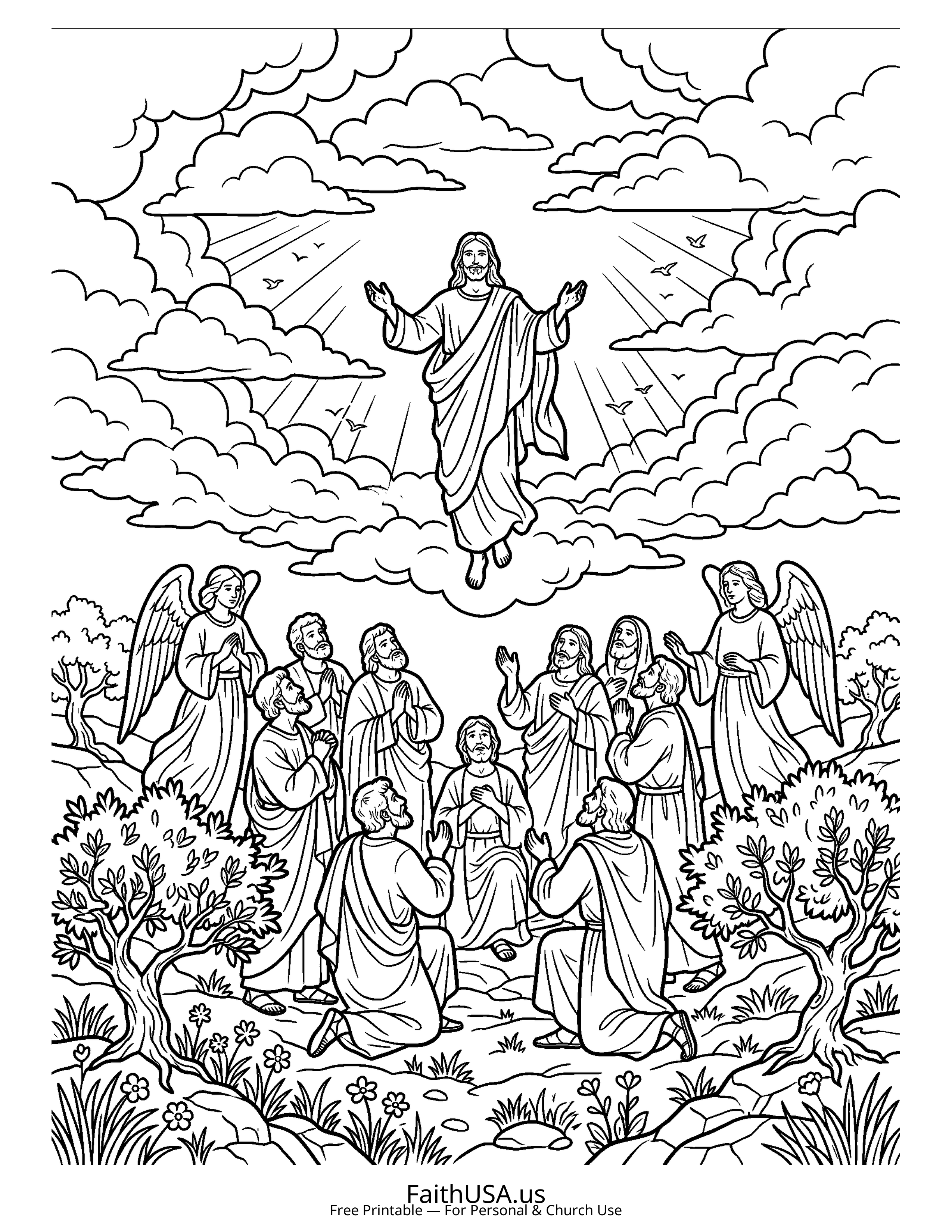 Christian Mandala coloring page featuring Ascension in simple black-and-white line art