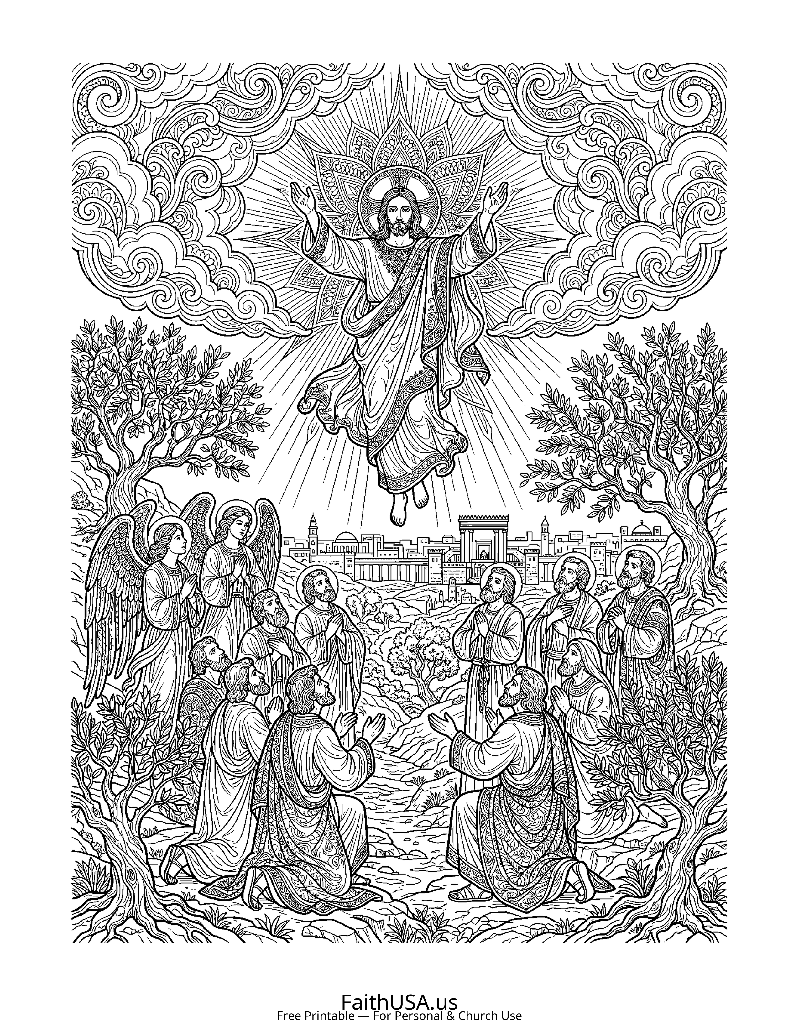 Christian Mandala coloring page featuring Ascension in detailed black-and-white line art