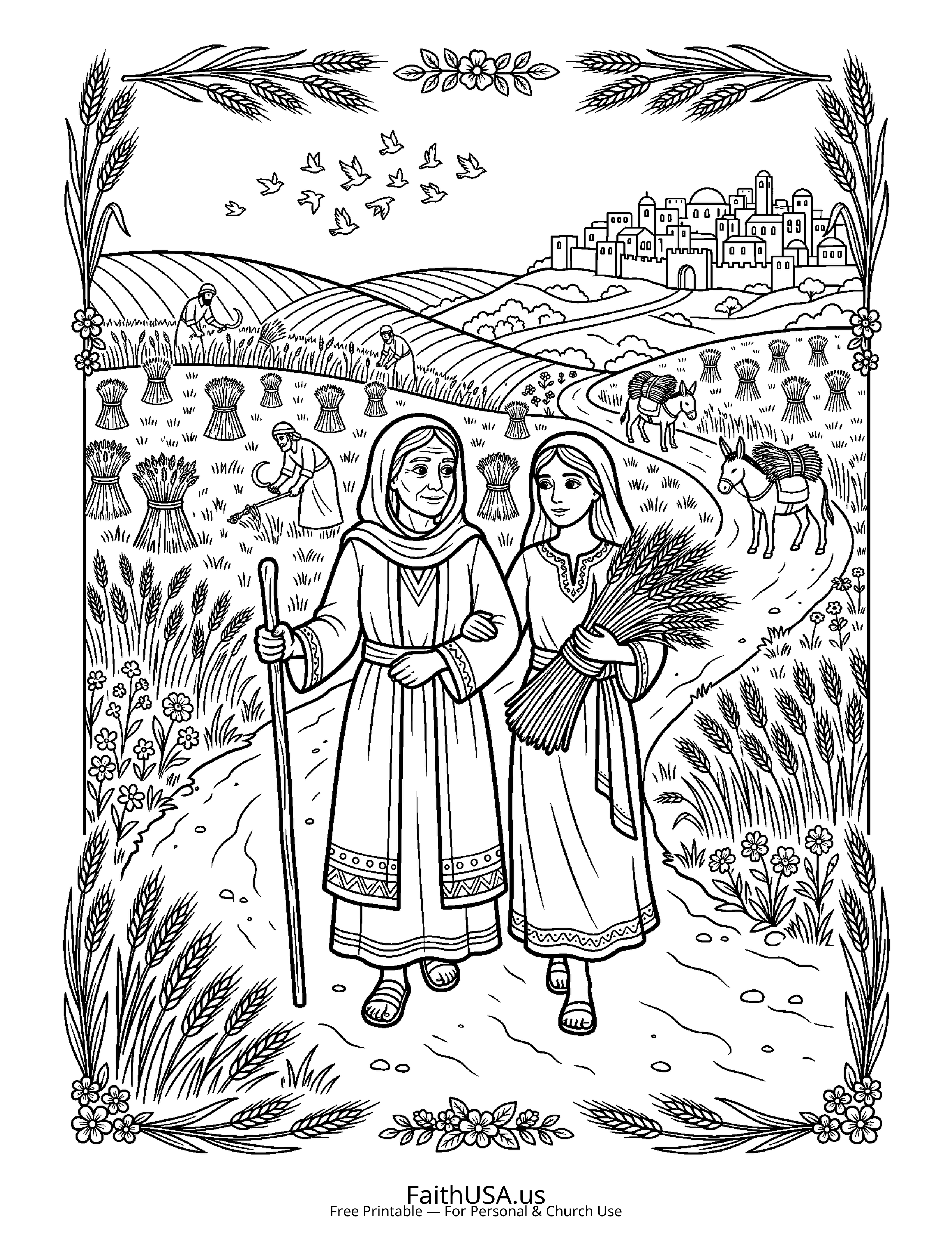 Christian Mandala coloring page featuring Ruth Naomi in simple black-and-white line art