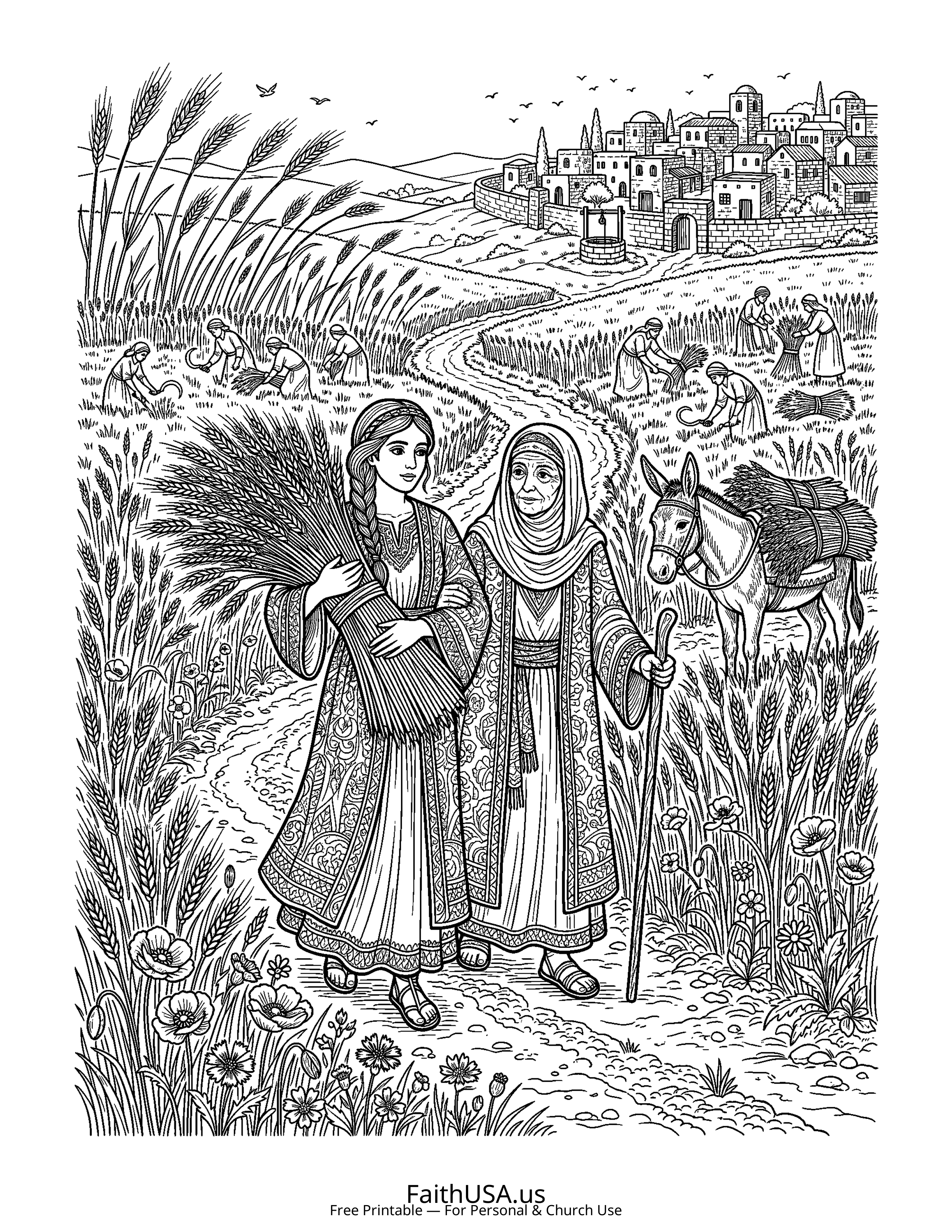 Christian Mandala coloring page featuring Ruth Naomi in detailed black-and-white line art