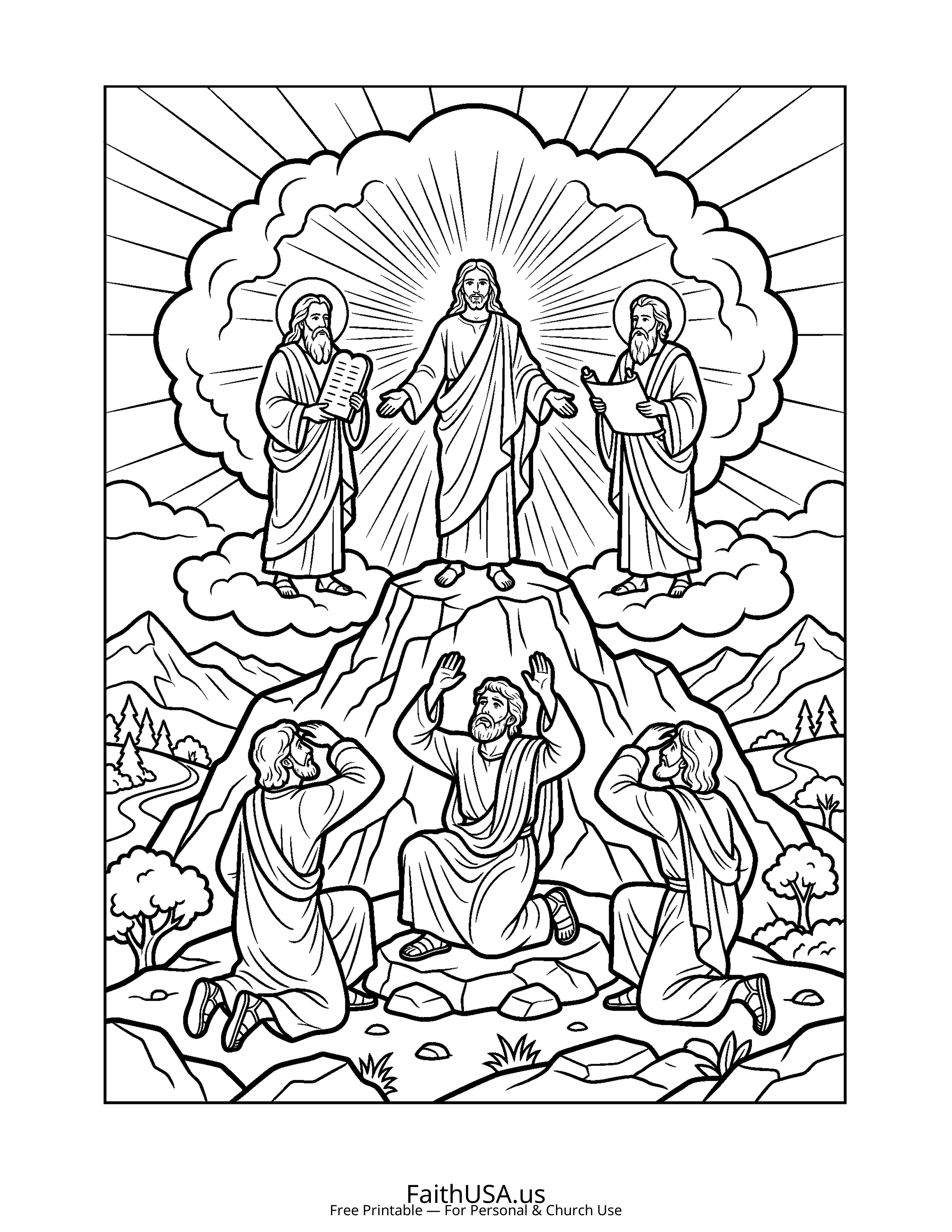 Christian Mandala coloring page featuring Transfiguration in simple black-and-white line art