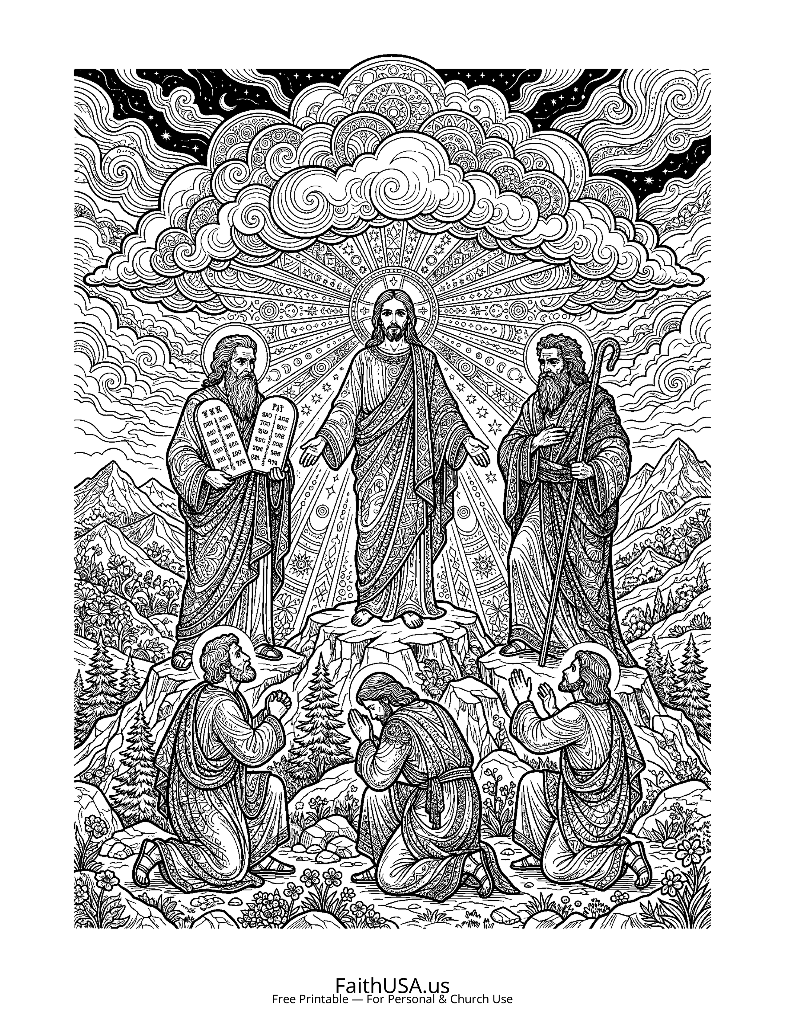 Christian Mandala coloring page featuring Transfiguration in detailed black-and-white line art