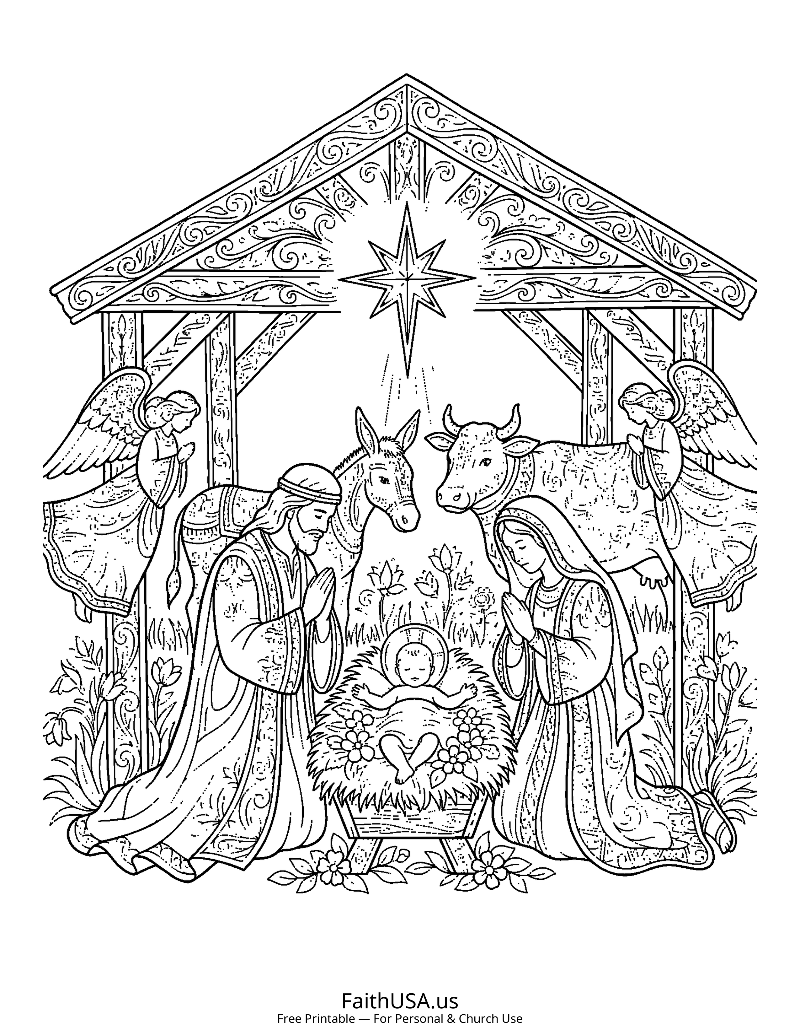 Christmas coloring page featuring Nativity Scene in detailed black-and-white line art