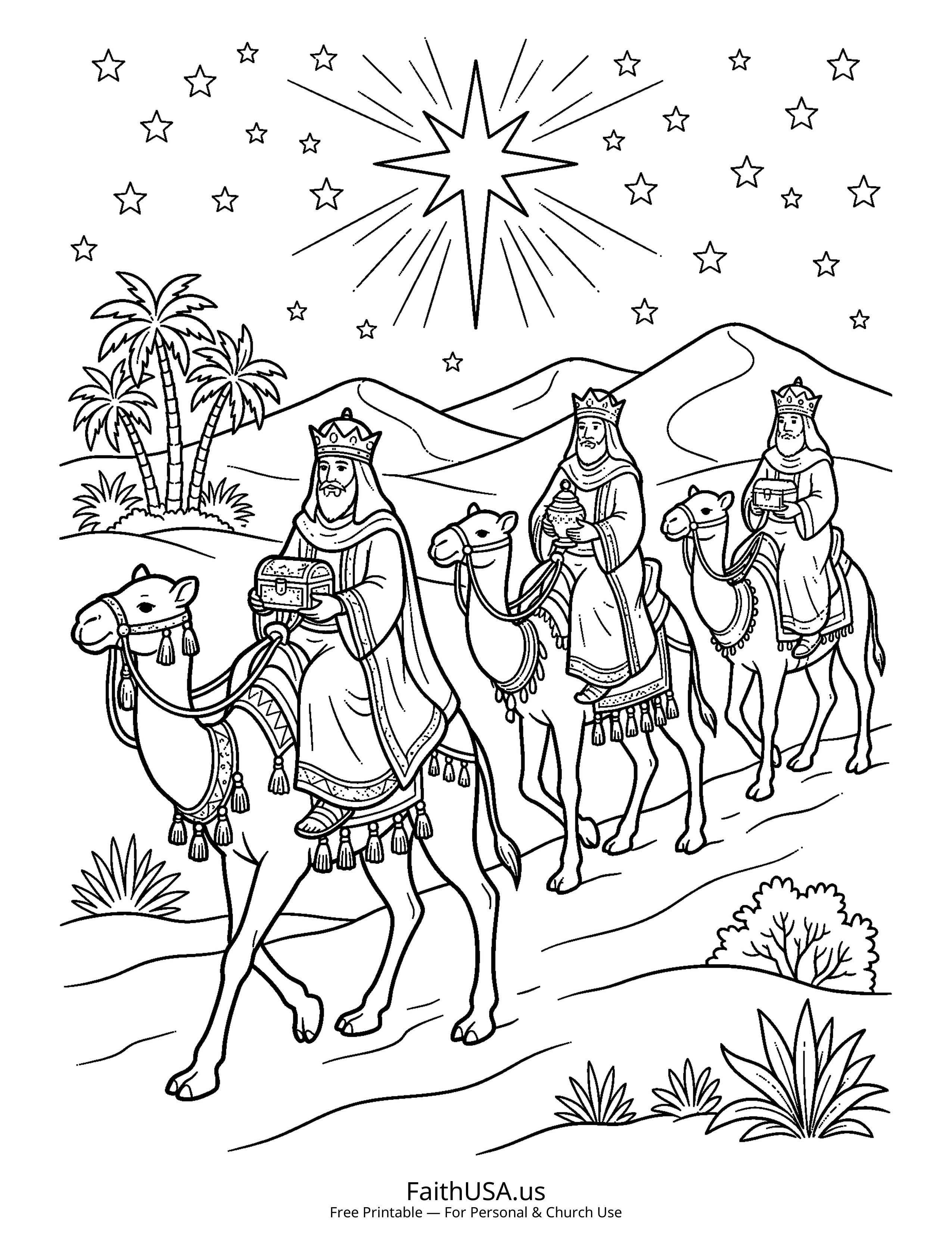 Christmas coloring page featuring Three Wise Men in simple black-and-white line art