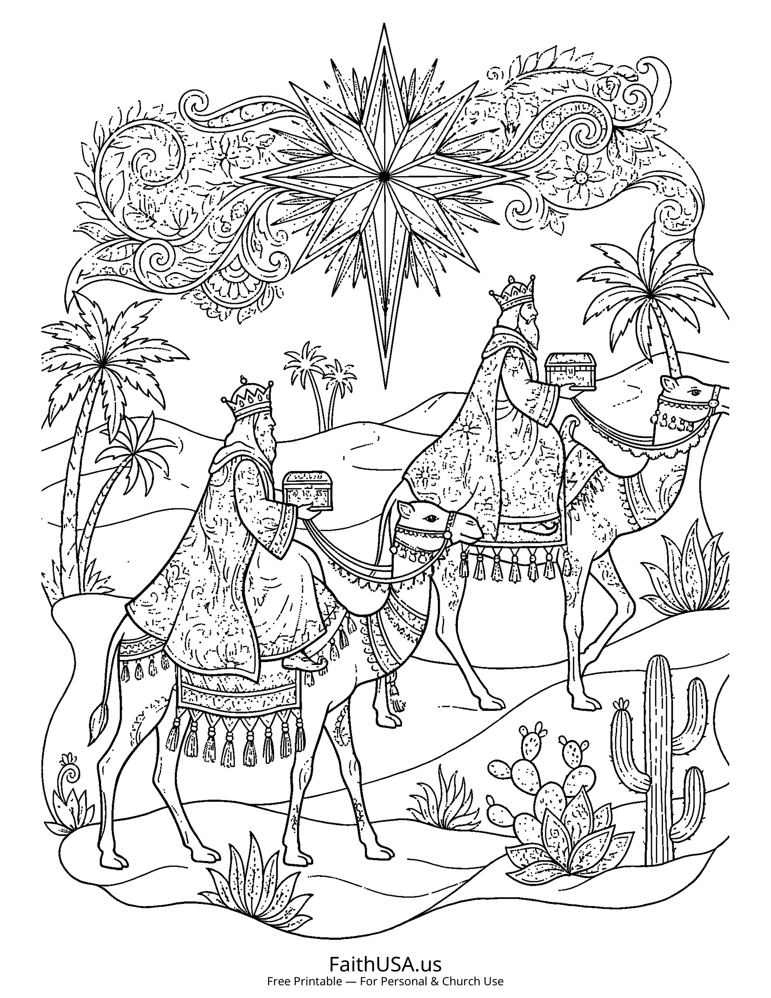 Christmas coloring page featuring Three Wise Men in detailed black-and-white line art