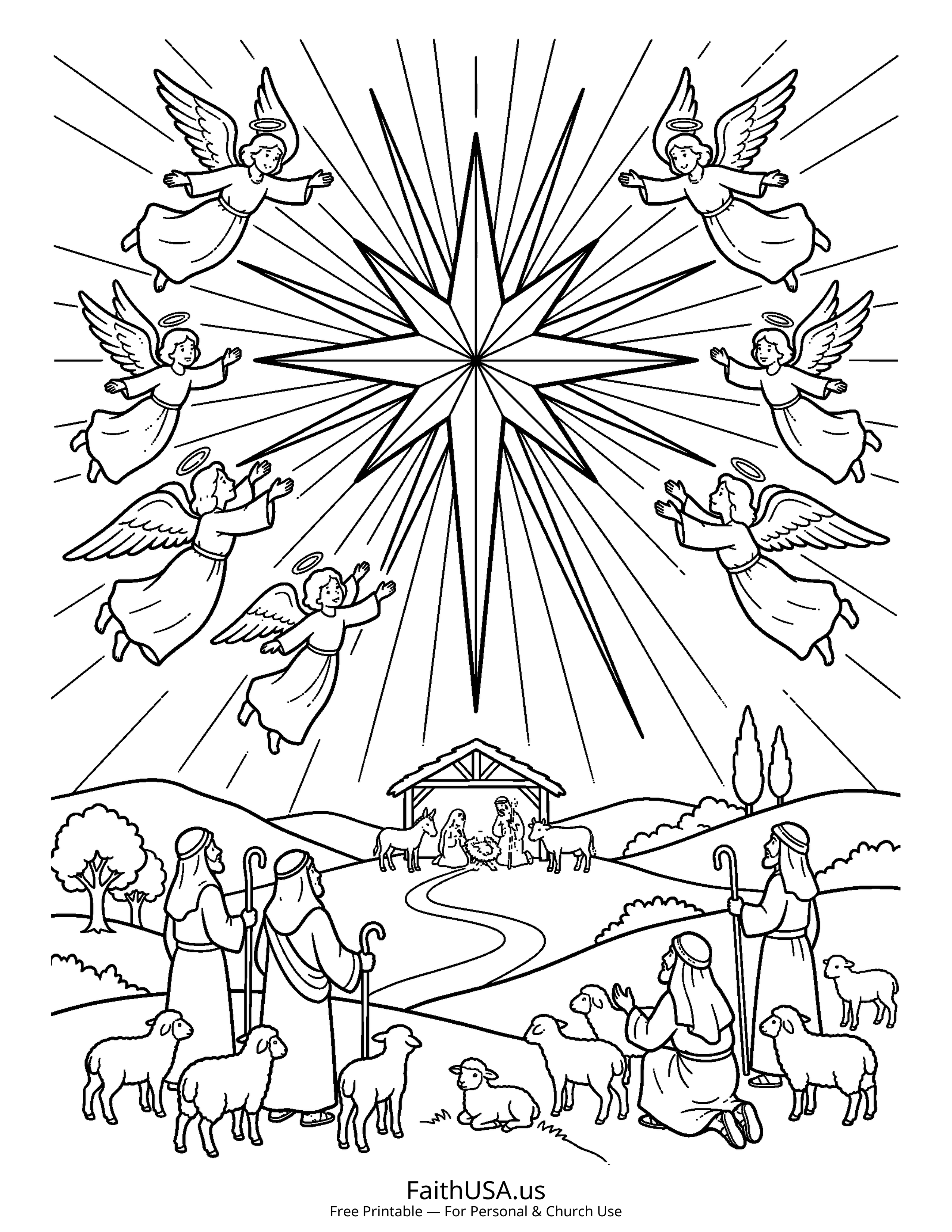 Christmas coloring page featuring Star of Bethlehem in simple black-and-white line art