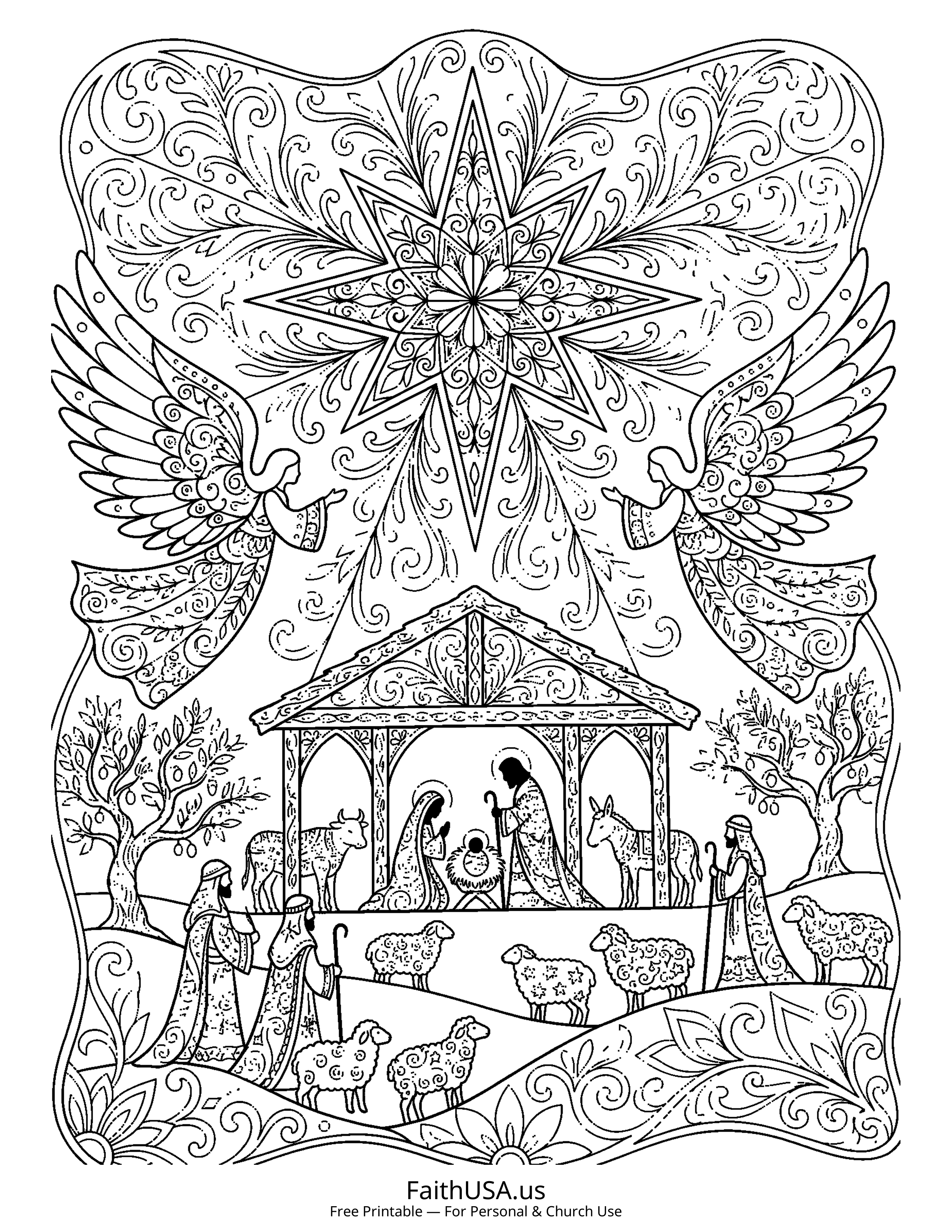 Christmas coloring page featuring Star of Bethlehem in detailed black-and-white line art