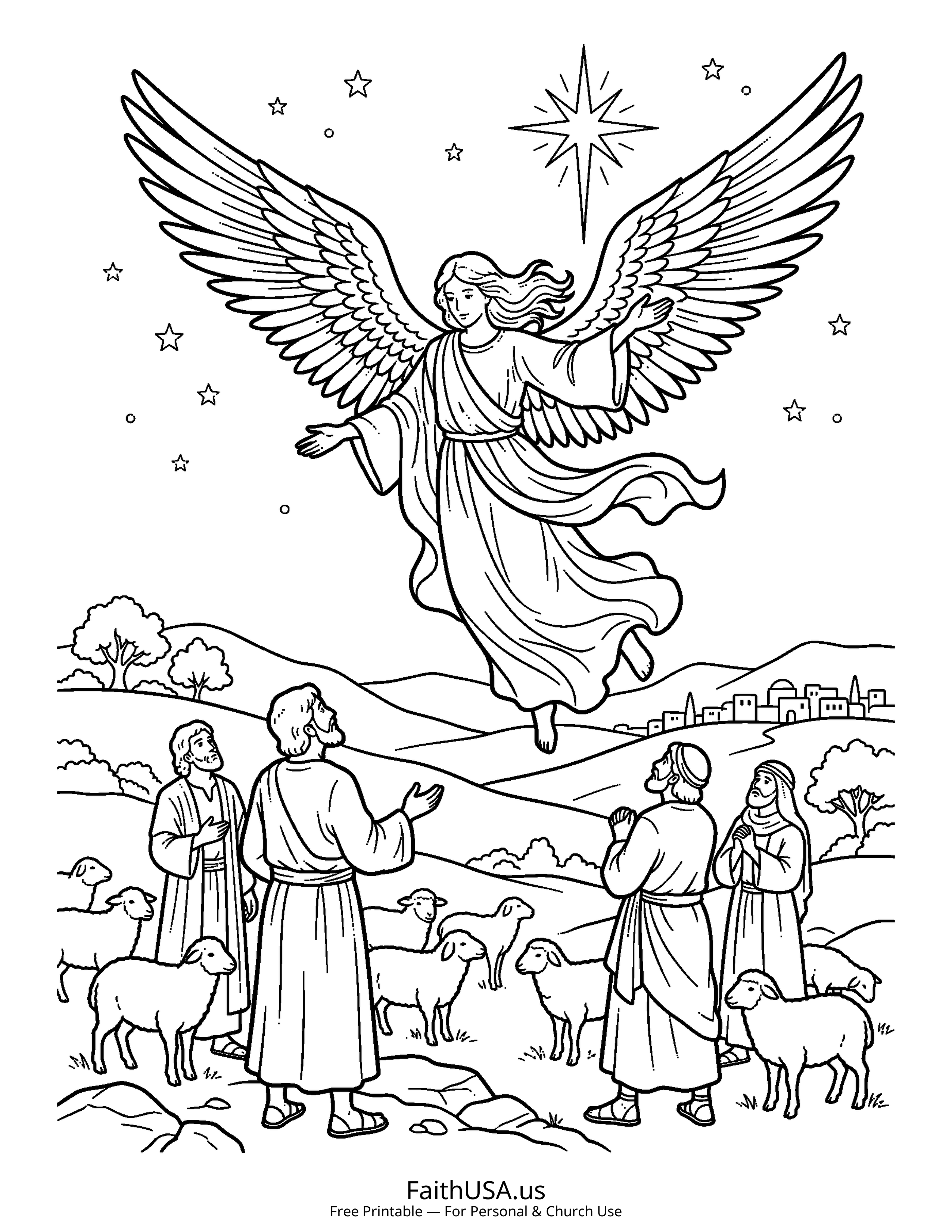 Christmas coloring page featuring Angel Announcement in simple black-and-white line art