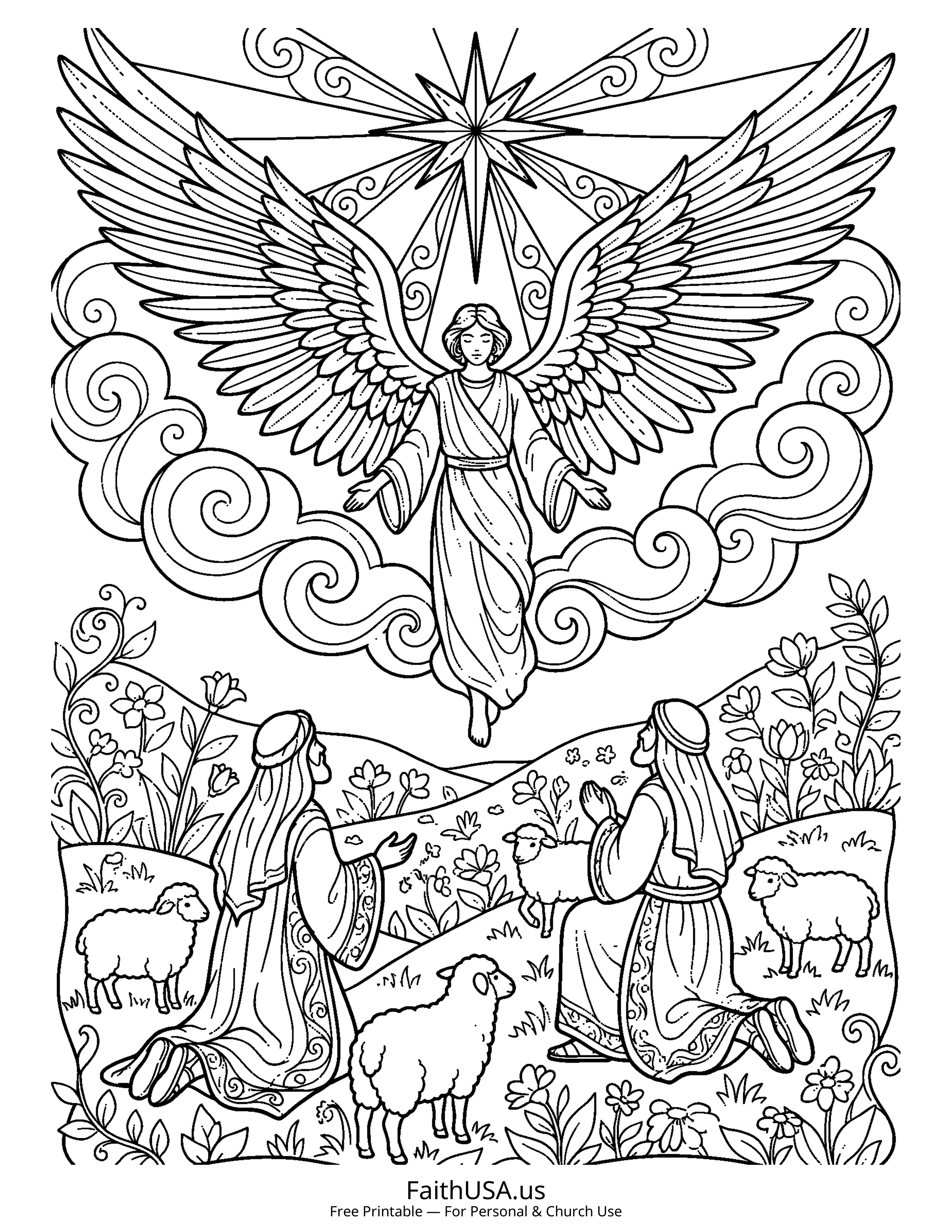 Christmas coloring page featuring Angel Announcement in detailed black-and-white line art