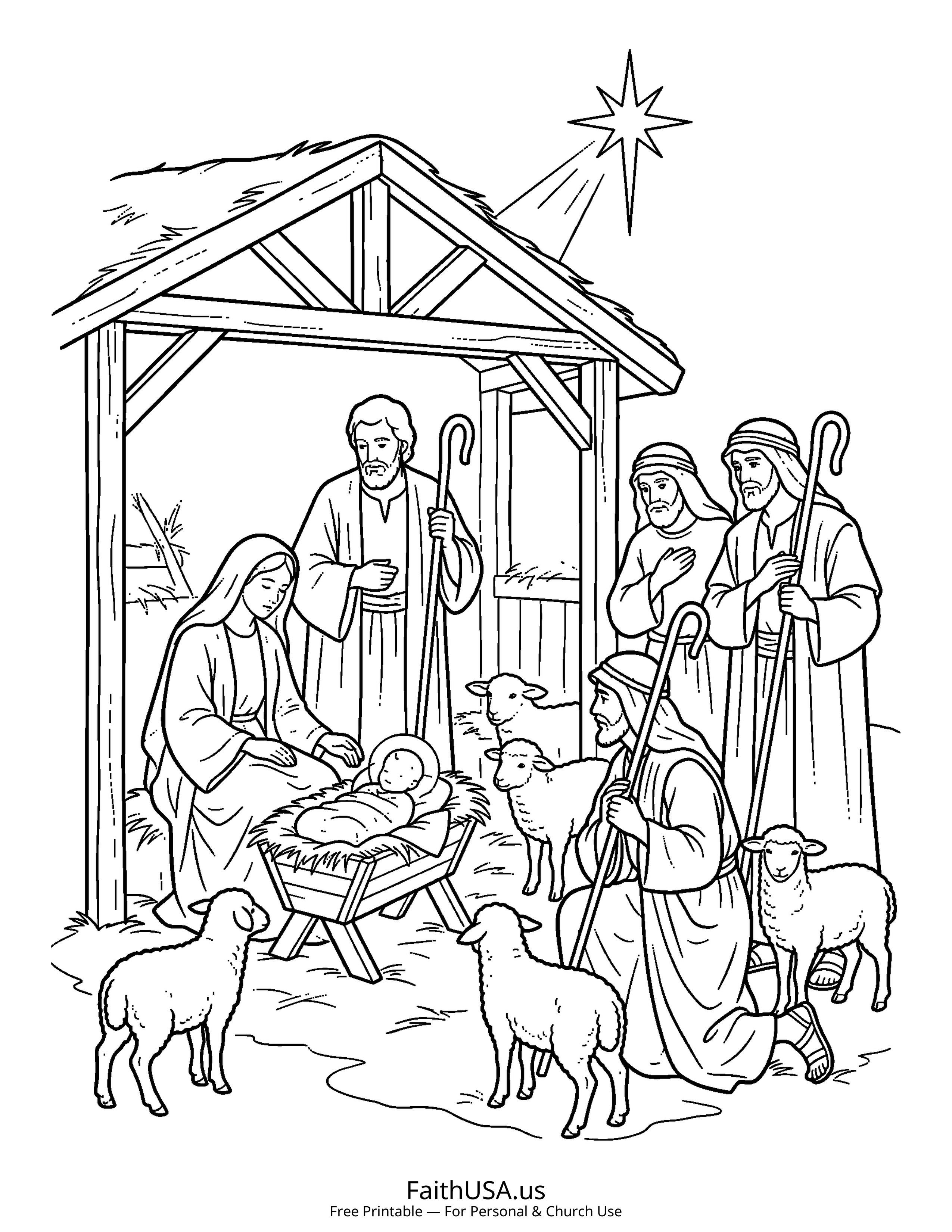 Christmas coloring page featuring Shepherds Visit in simple black-and-white line art