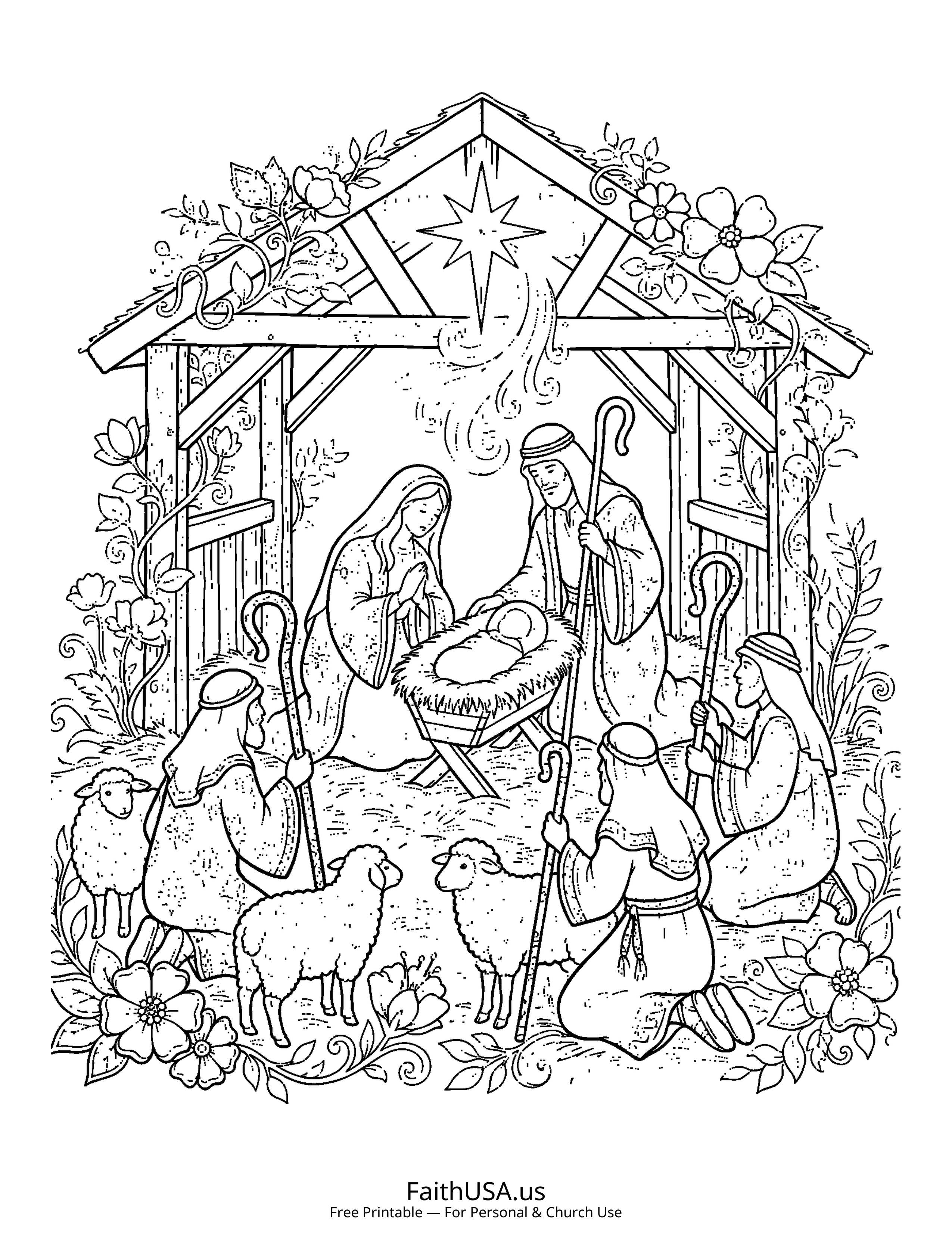 Christmas coloring page featuring Shepherds Visit in detailed black-and-white line art